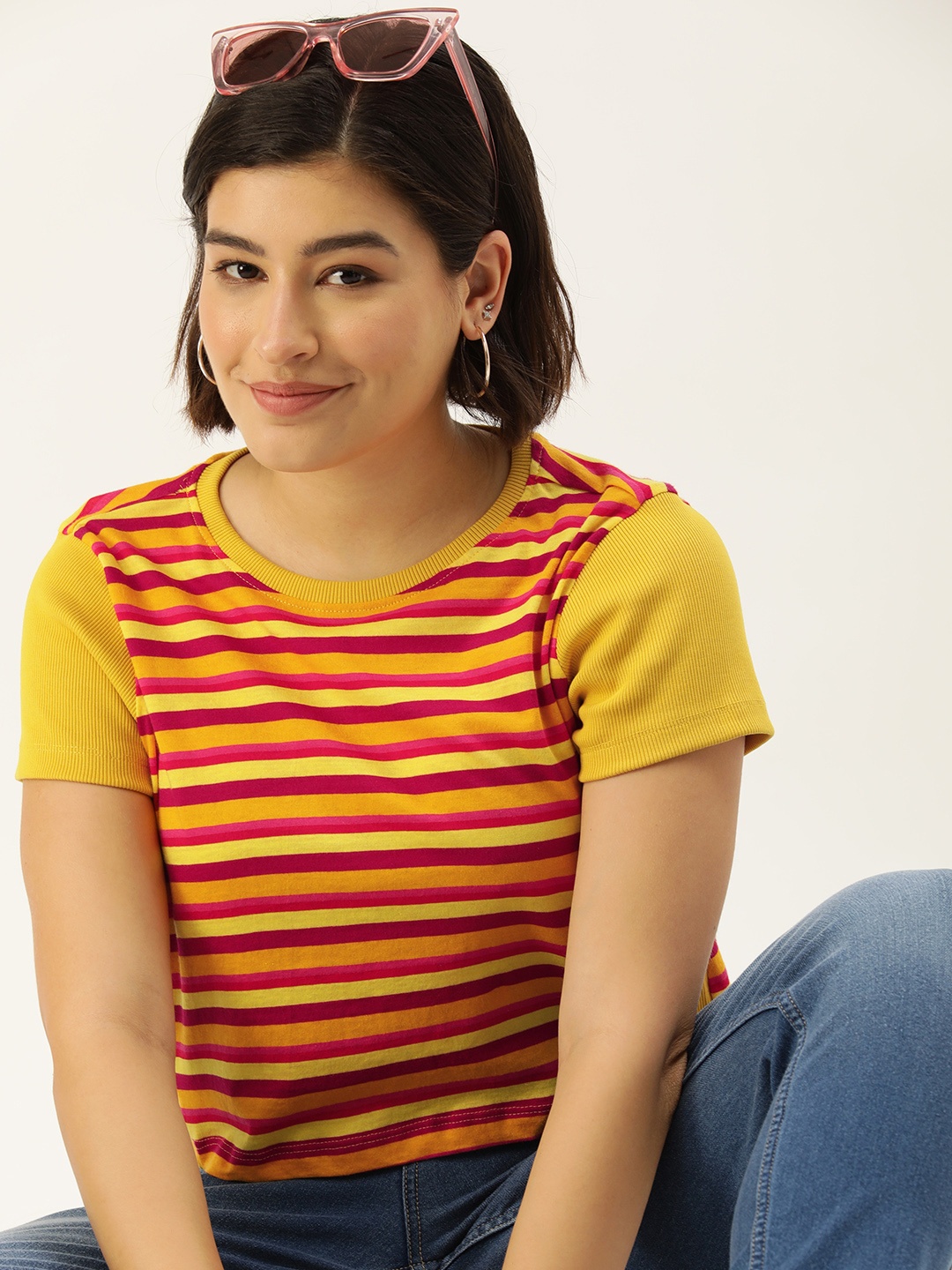 

Mast & Harbour Striped Pure Cotton Crop T-shirt, Mustard