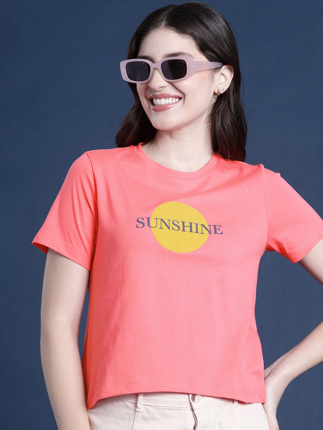 

Mast & Harbour Graphic Printed Pure Cotton T-shirt, Coral