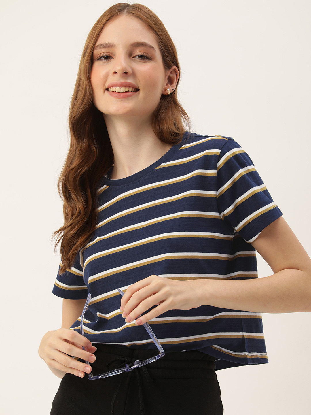 

Mast & Harbour Striped Pure Cotton T-shirt, Navy blue