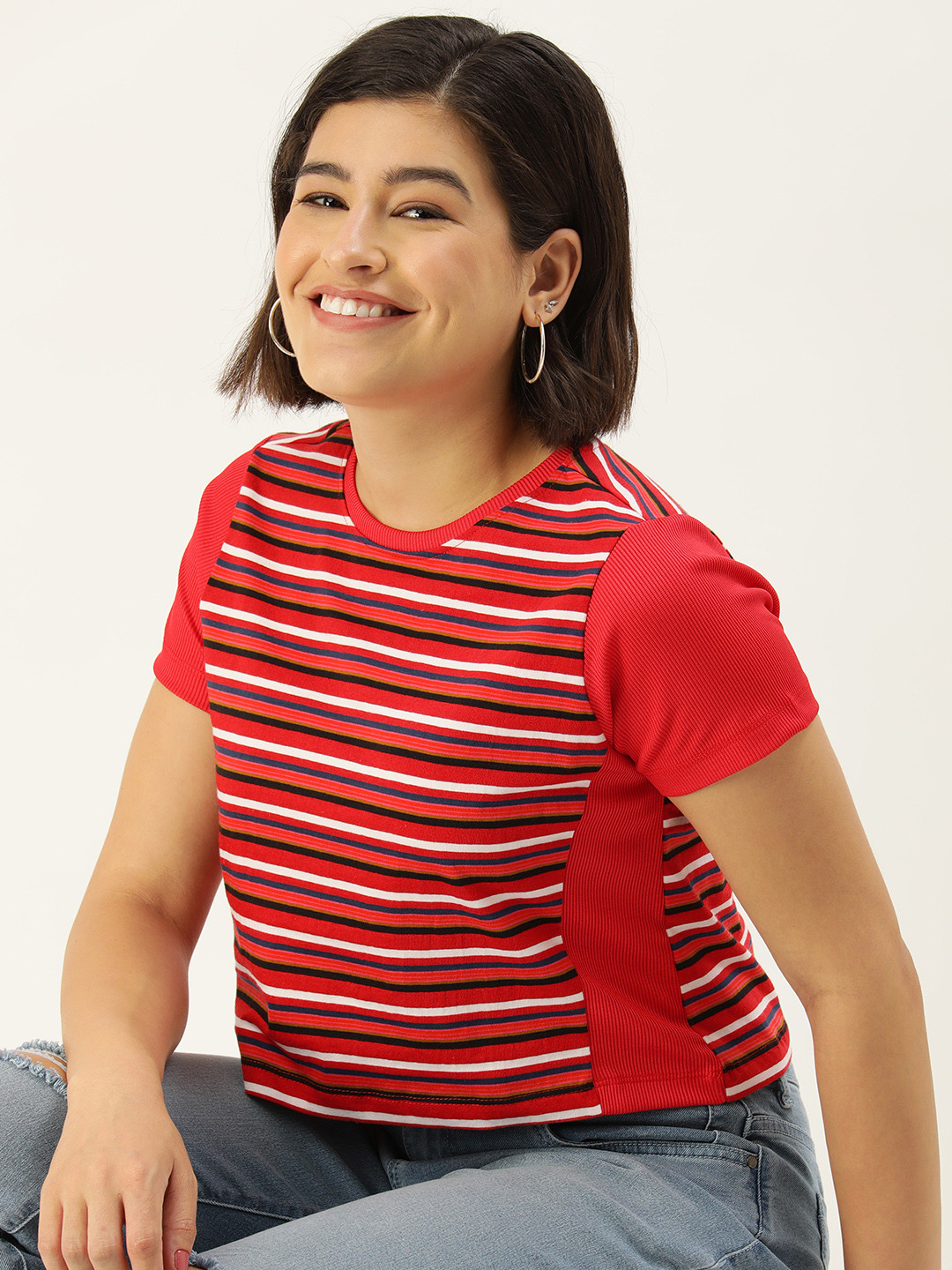

Mast & Harbour Striped Pure Cotton Crop T-shirt, Red