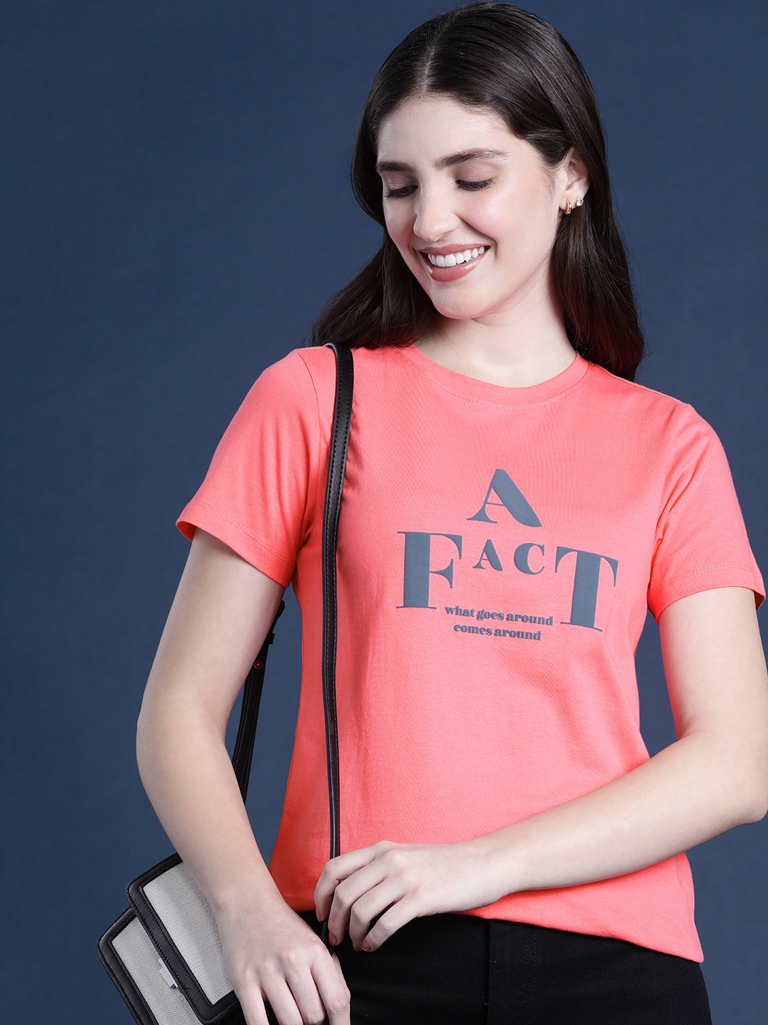 

Mast & Harbour Pure Cotton Typography Printed Casual T-shirt, Coral