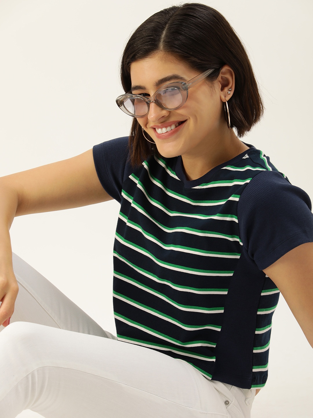 

Mast & Harbour Striped Pure Cotton Crop T-shirt, Navy blue