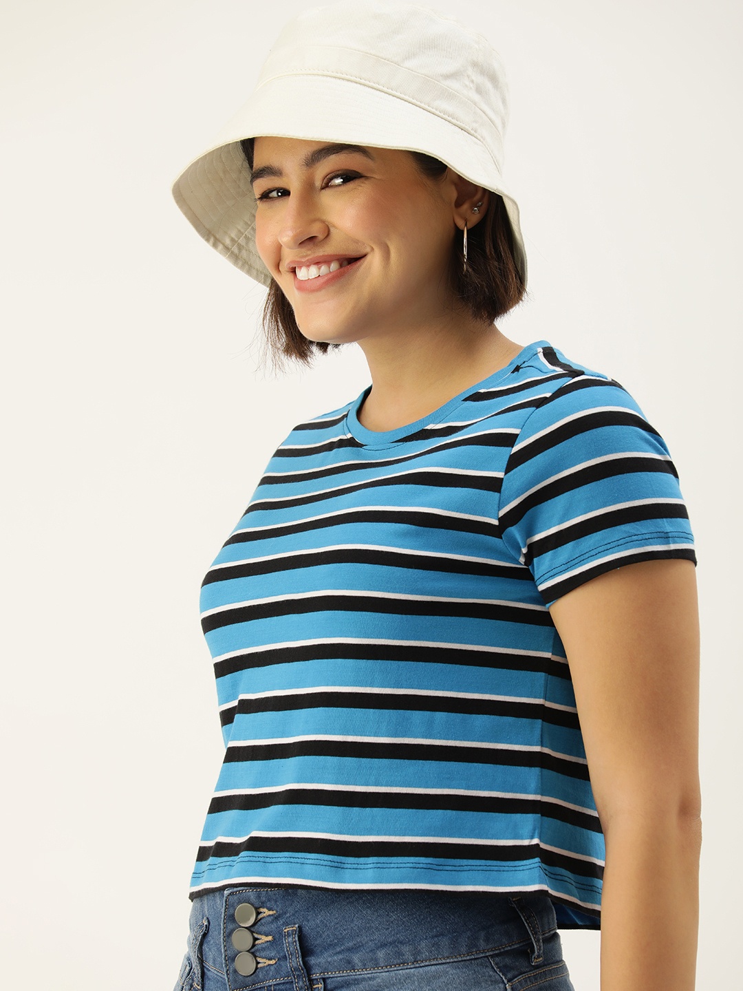 

Mast & Harbour Striped Pure Cotton Crop T-shirt, Blue