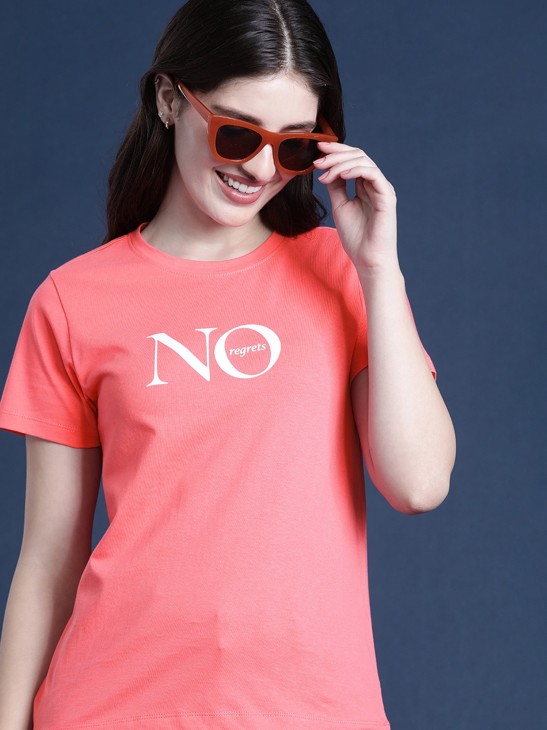 

Mast & Harbour Pure Cotton Typography Printed Casual T-shirt, Coral