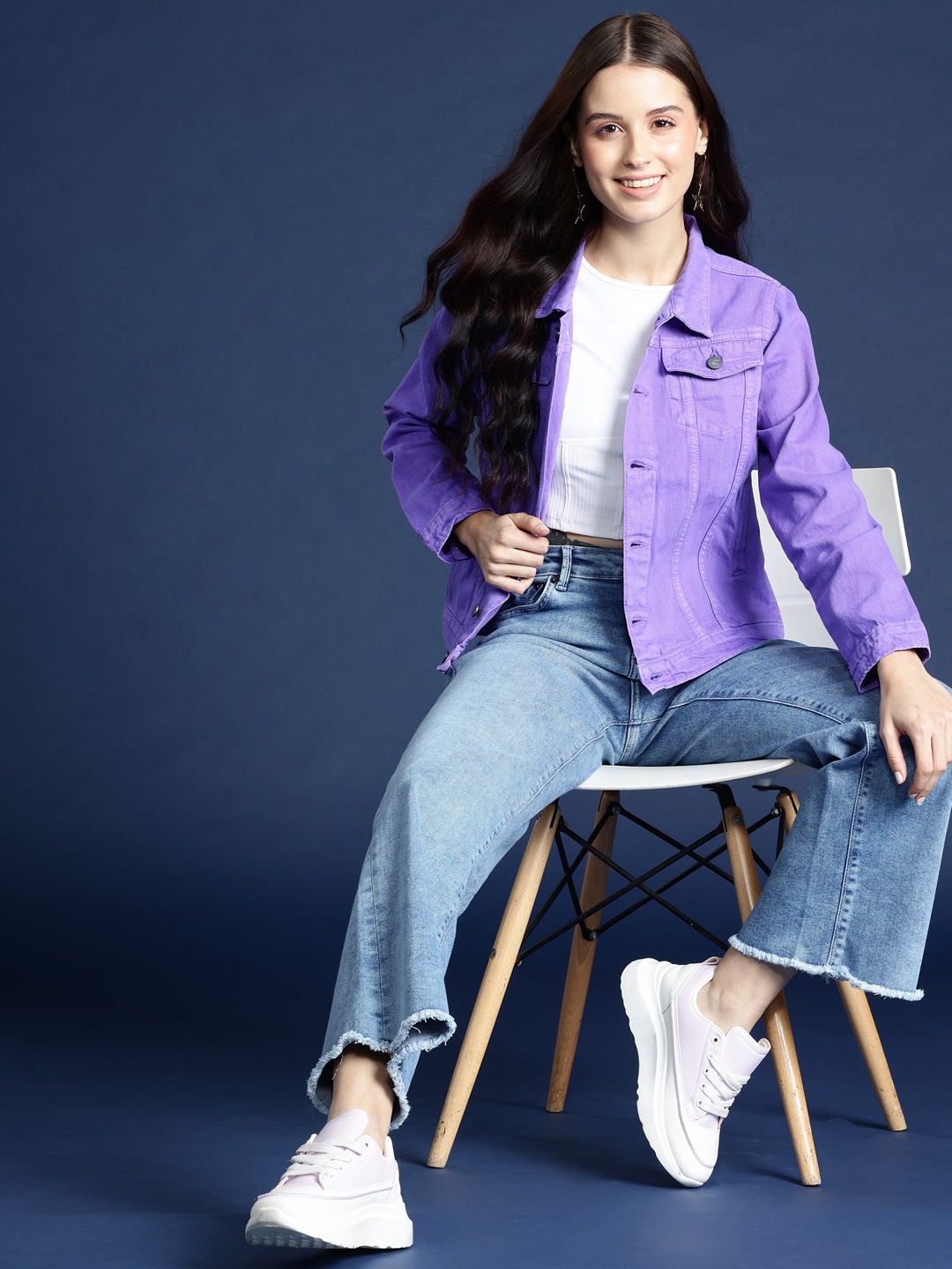 

Mast & Harbour Women Pure Cotton Denim Jacket, Purple