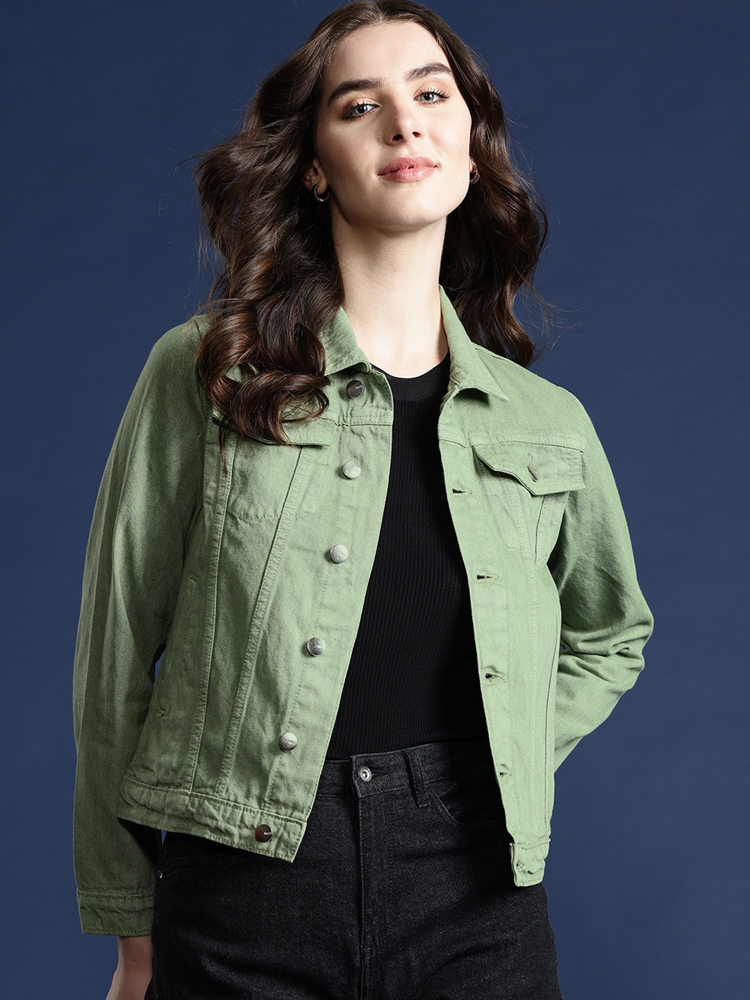 

Mast & Harbour Spread Collar Flap Pockets Detailed Pure Cotton Denim Jacket, Olive