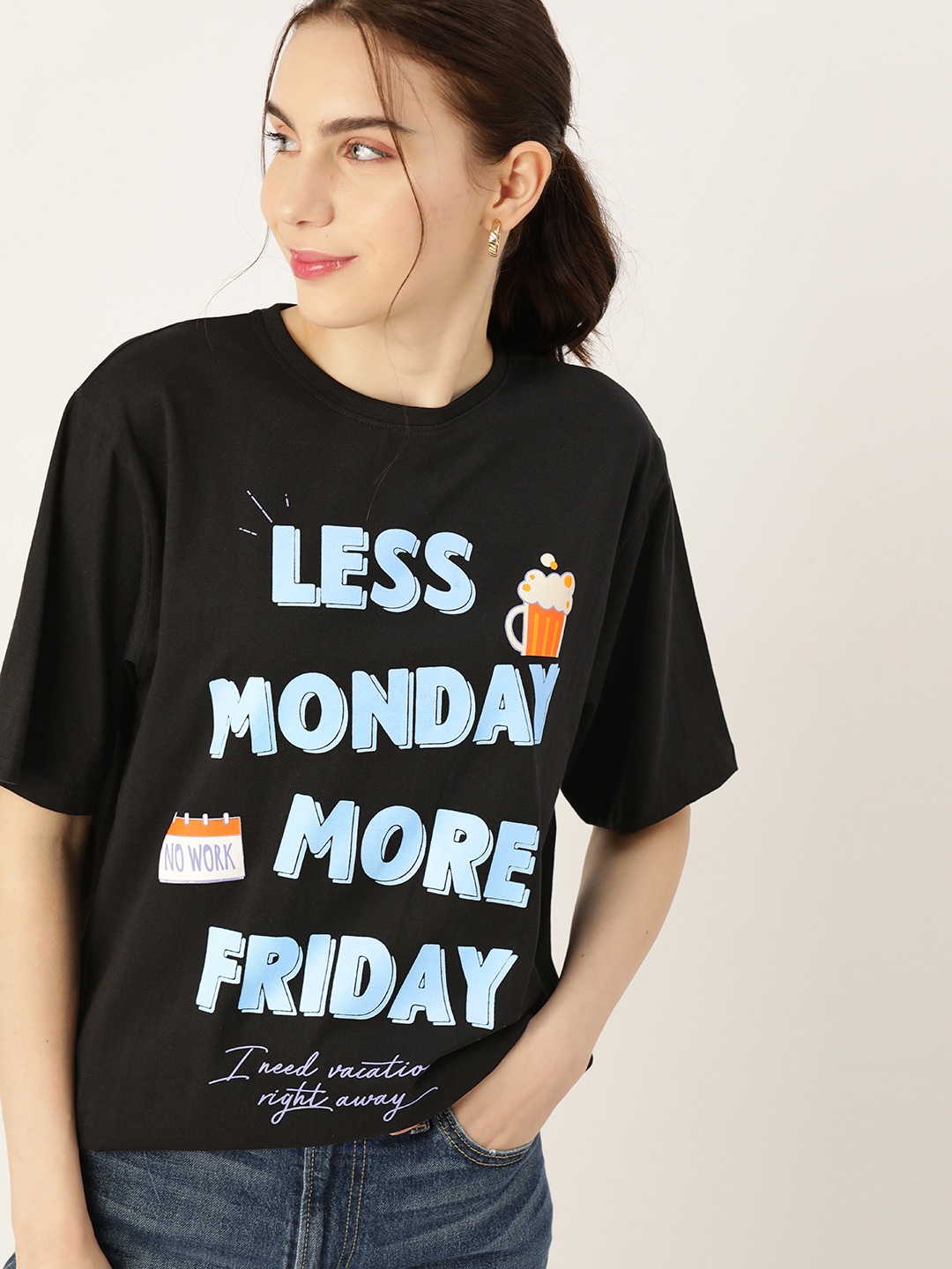 

DressBerry Women Typography Printed Loose T-shirt, Black