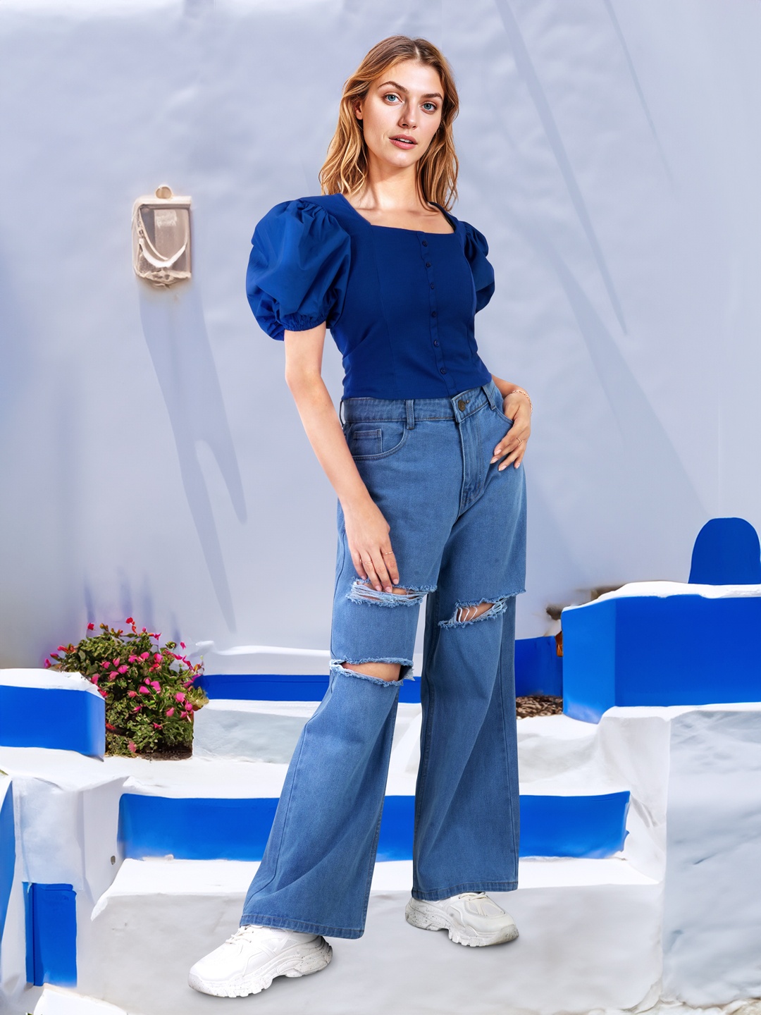 

Mast & Harbour Puff Sleeve Top, Blue