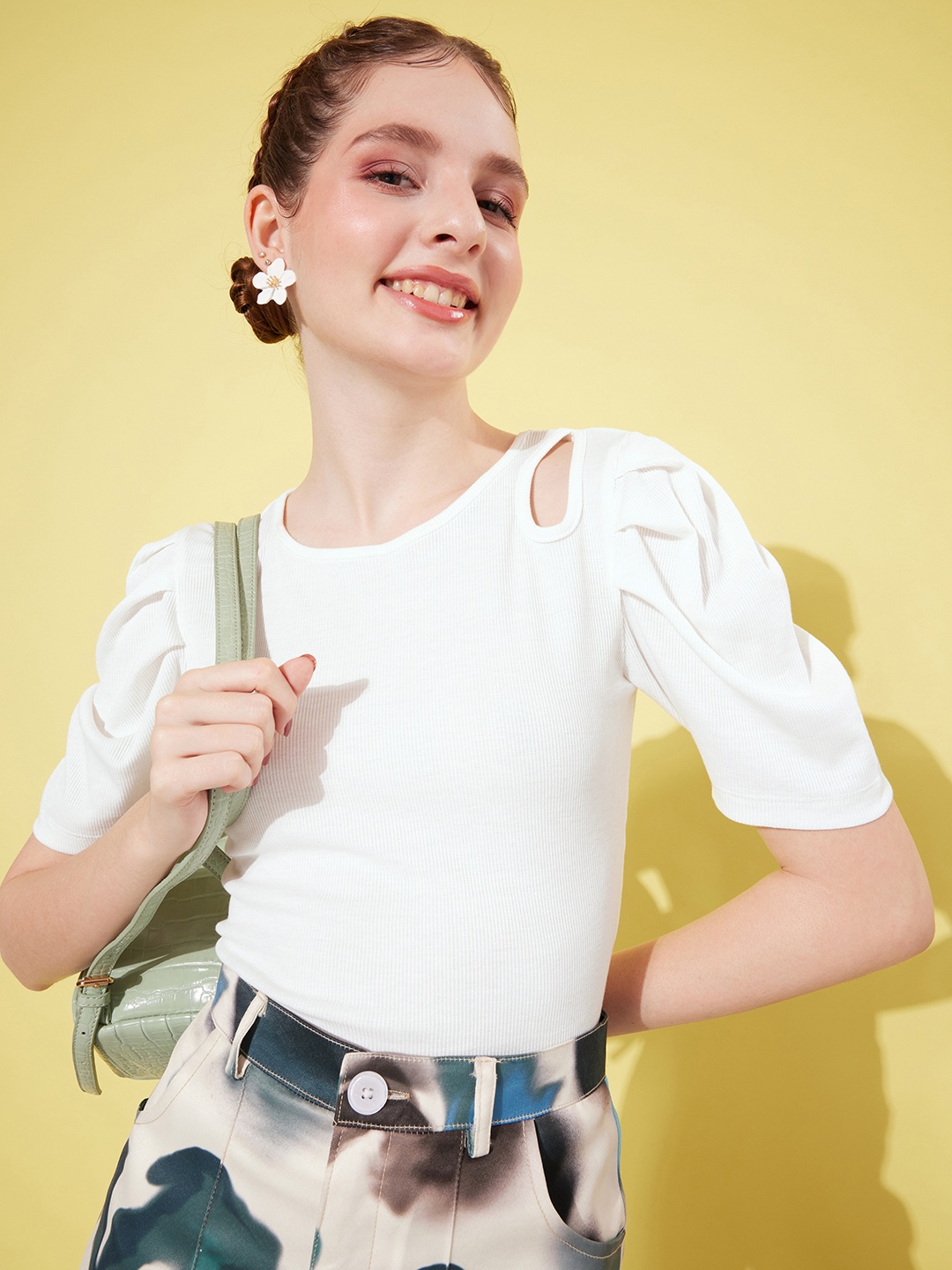 

Mast & Harbour Solid Puff Sleeve Ribbed Top With Cut-out Detail, White