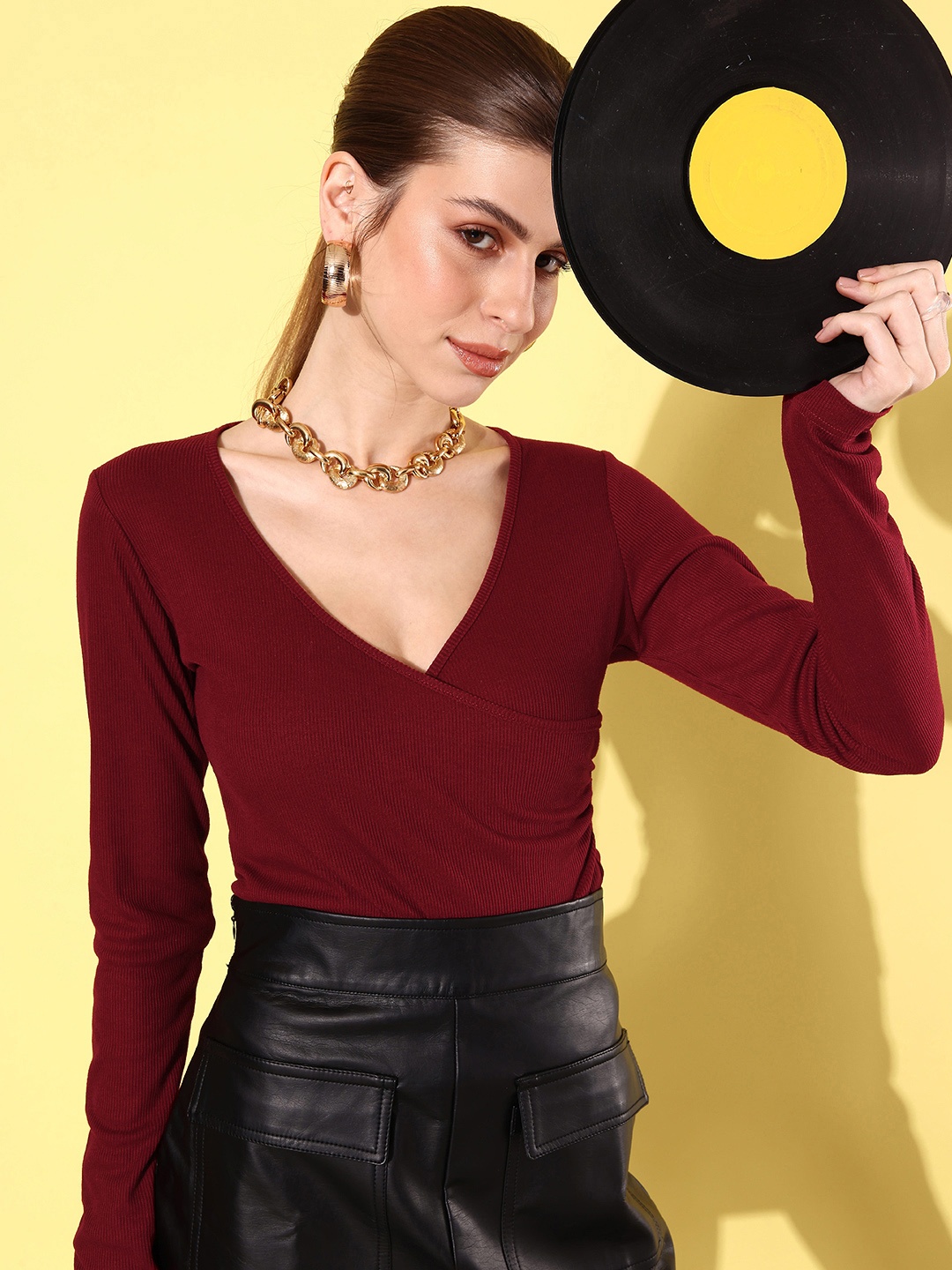 

Mast & Harbour Ribbed V-Neck Top, Maroon