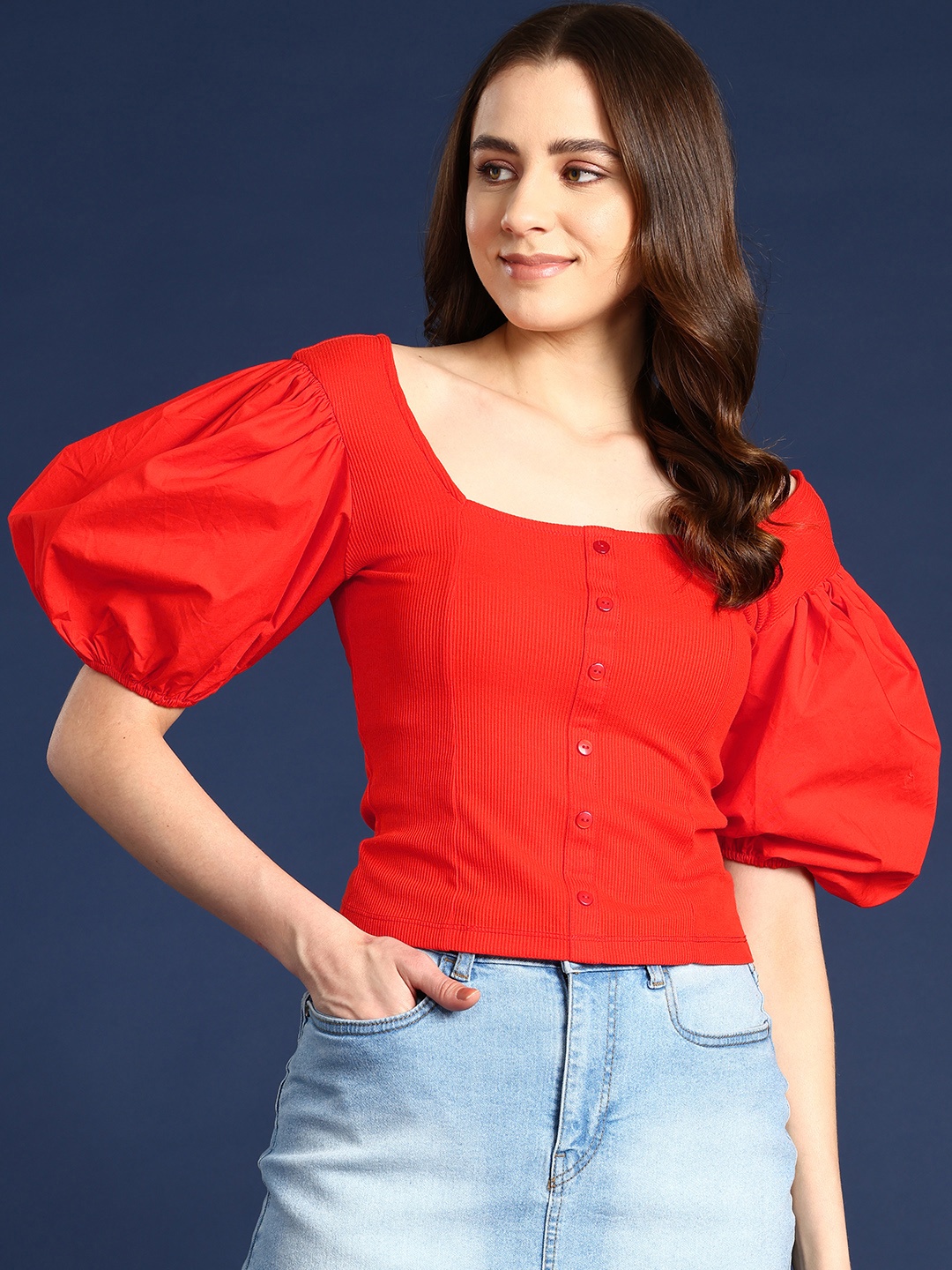 

Mast & Harbour Ribbed Puff Sleeve Top, Coral
