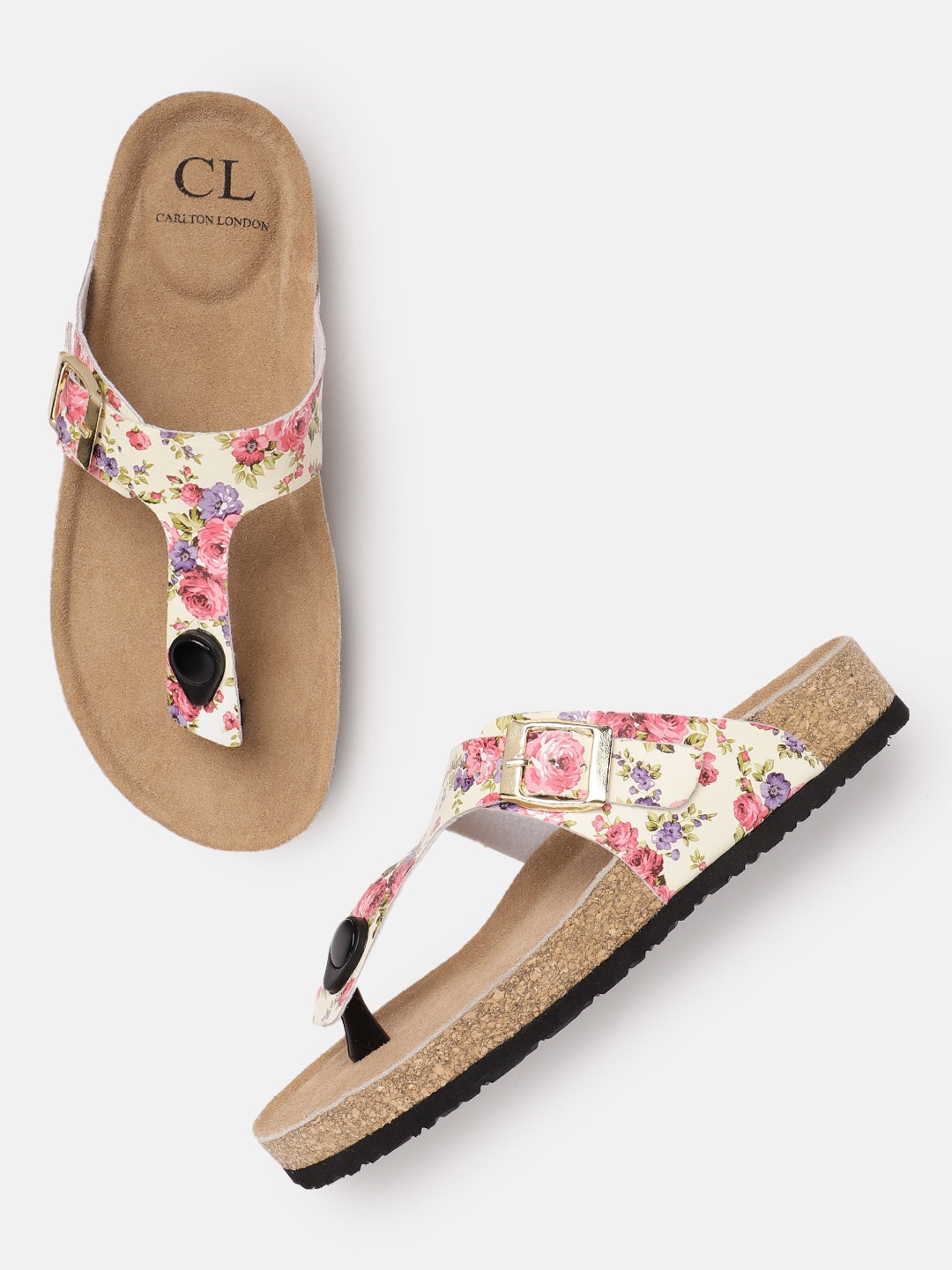 

Carlton London Women Floral Printed T-Strap Flats, Cream