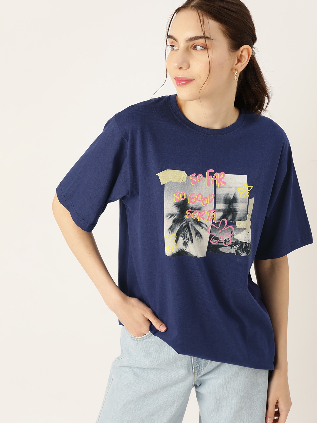 

DressBerry Women Graphic Printed Loose T-shirt, Navy blue