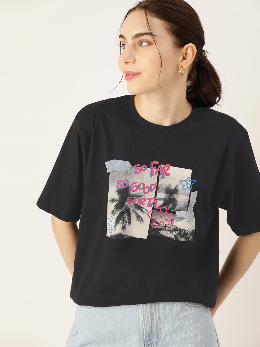 

DressBerry Women Graphic Printed Loose T-shirt, Black
