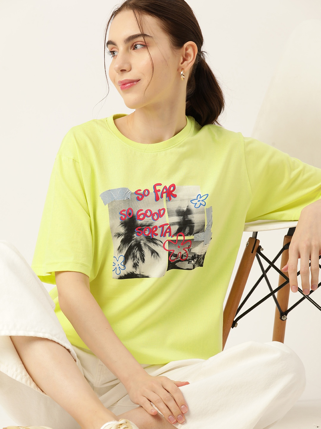 

DressBerry Women Graphic Printed Loose T-shirt, Lime green