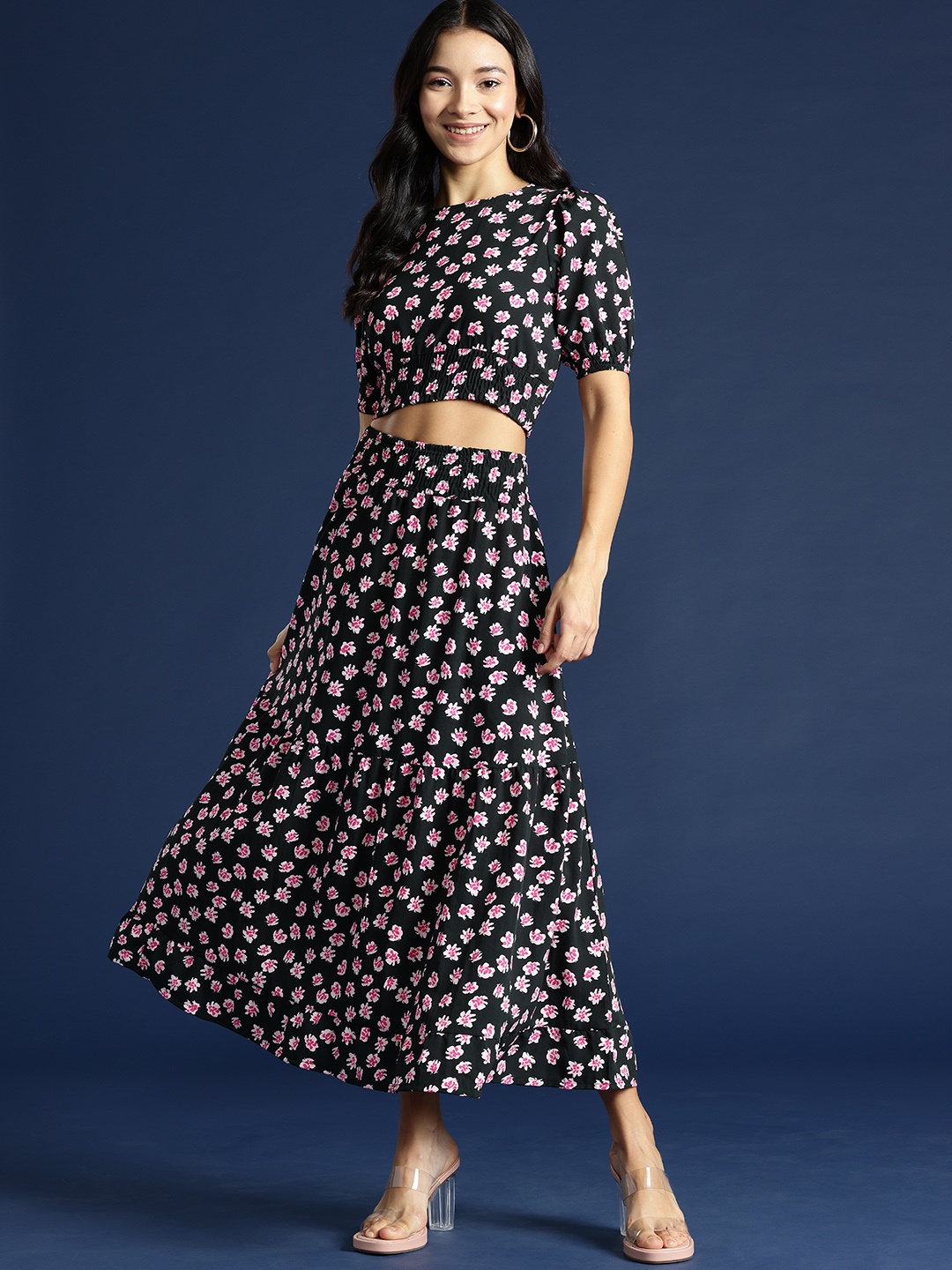 

Mast & Harbour Floral Printed Puff Sleeves Crop Top & Tiered Maxi Skirt Set, Black