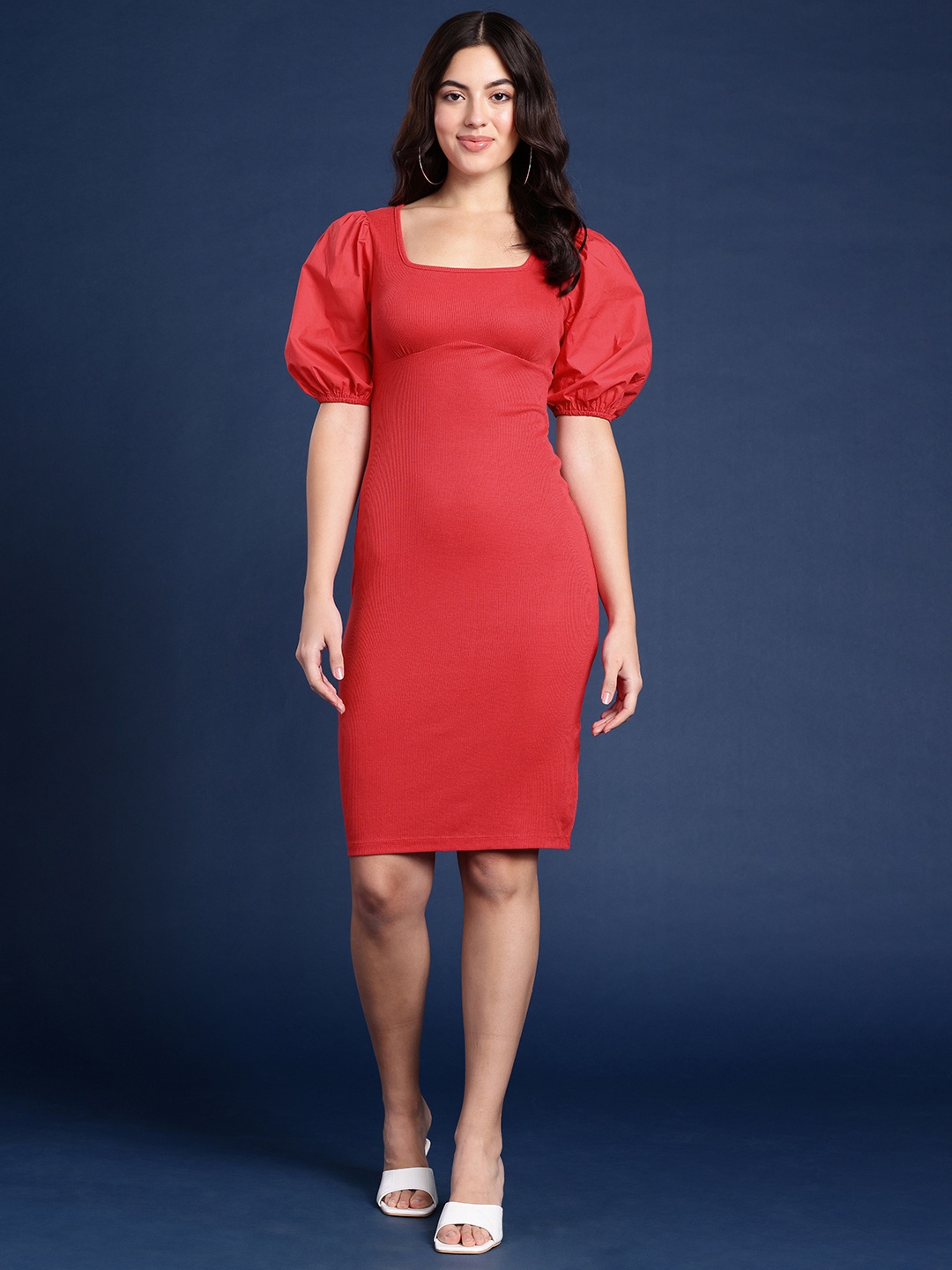 

Mast & Harbour Puff Sleeves Bodycon Dress, Red