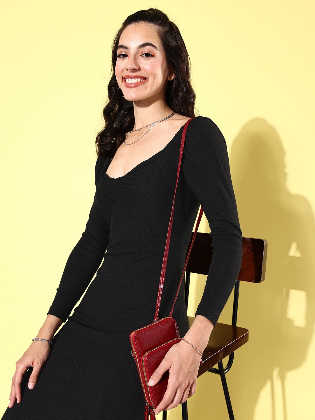 

Mast & Harbour Ribbed Slit A-Line Midi Dress, Black