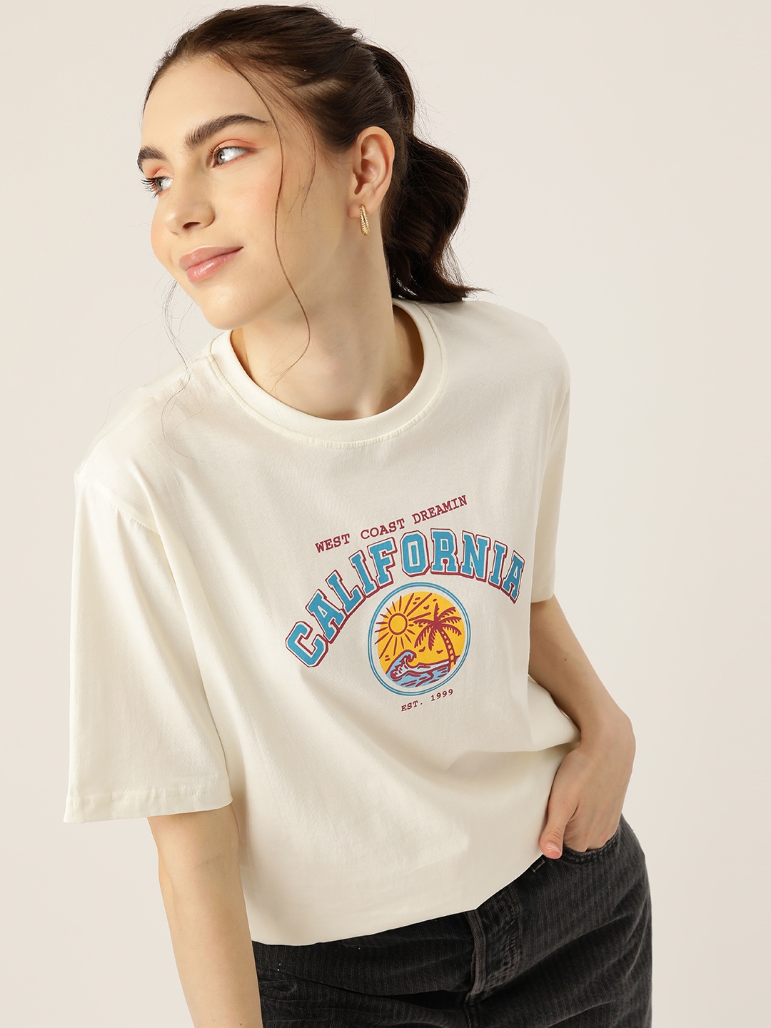 

DressBerry Printed Drop-Shoulder Sleeves Loose Pure Cotton Longline T-shirt, White