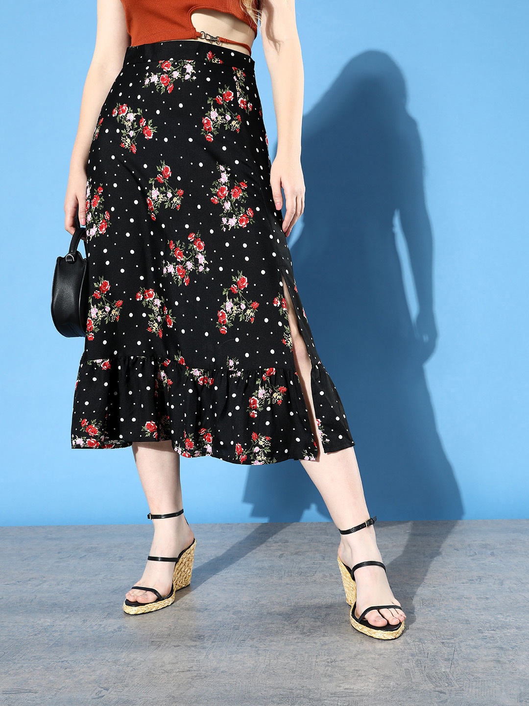 

Mast & Harbour Women Floral Printed A-Line Midi Slit Skirt, Black