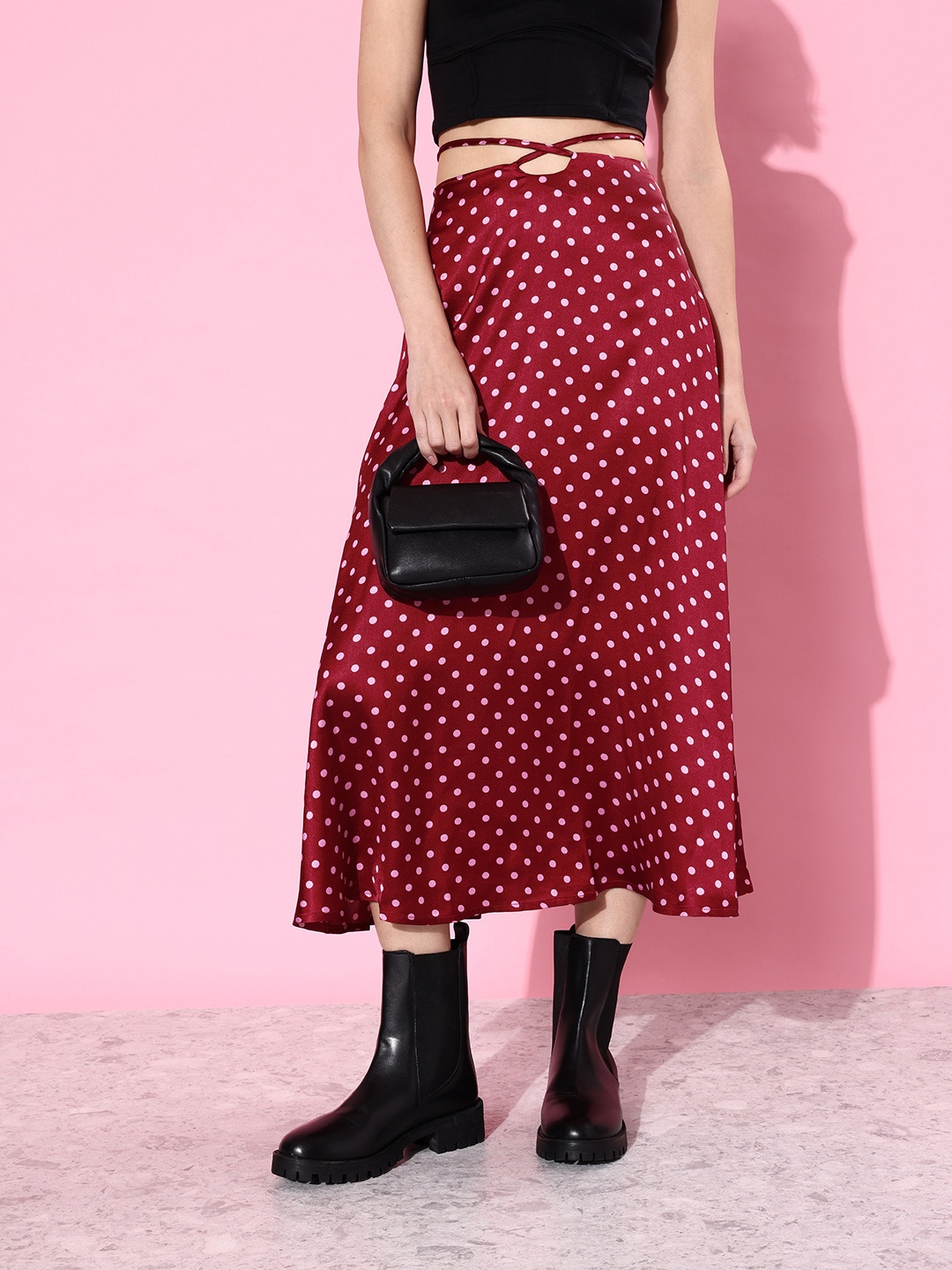 

Mast & Harbour Polka Dots Printed August-Optimistic Autumn-Knots & Bows Midi A-Line Skirt, Maroon