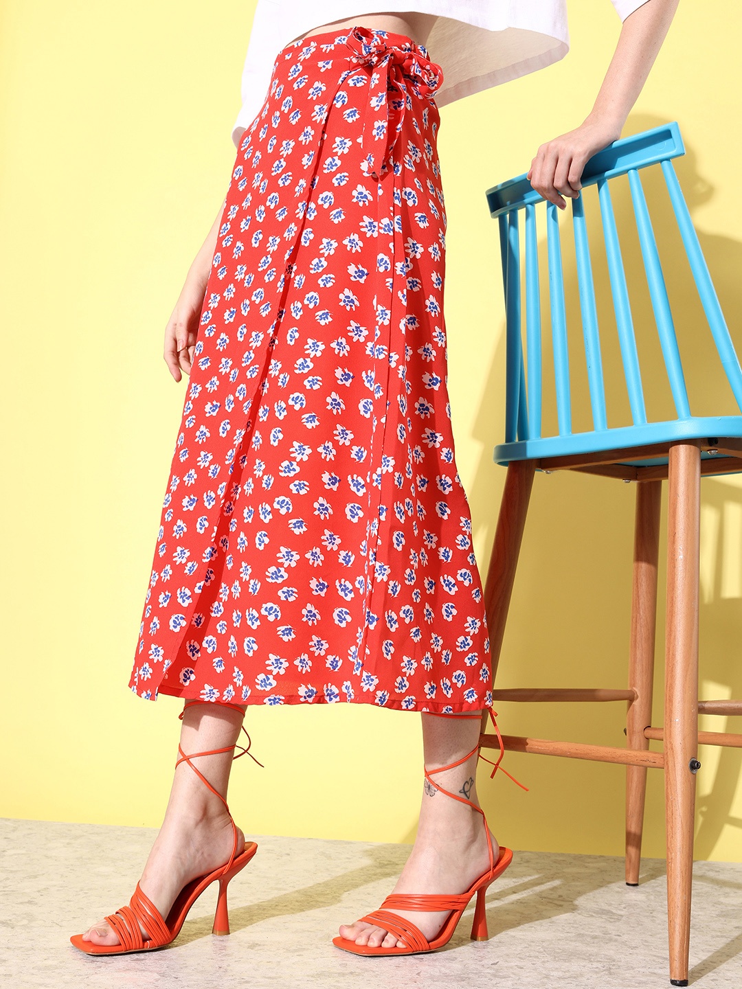 

Mast & Harbour Women Floral Printed Wrap Midi Skirt, Red