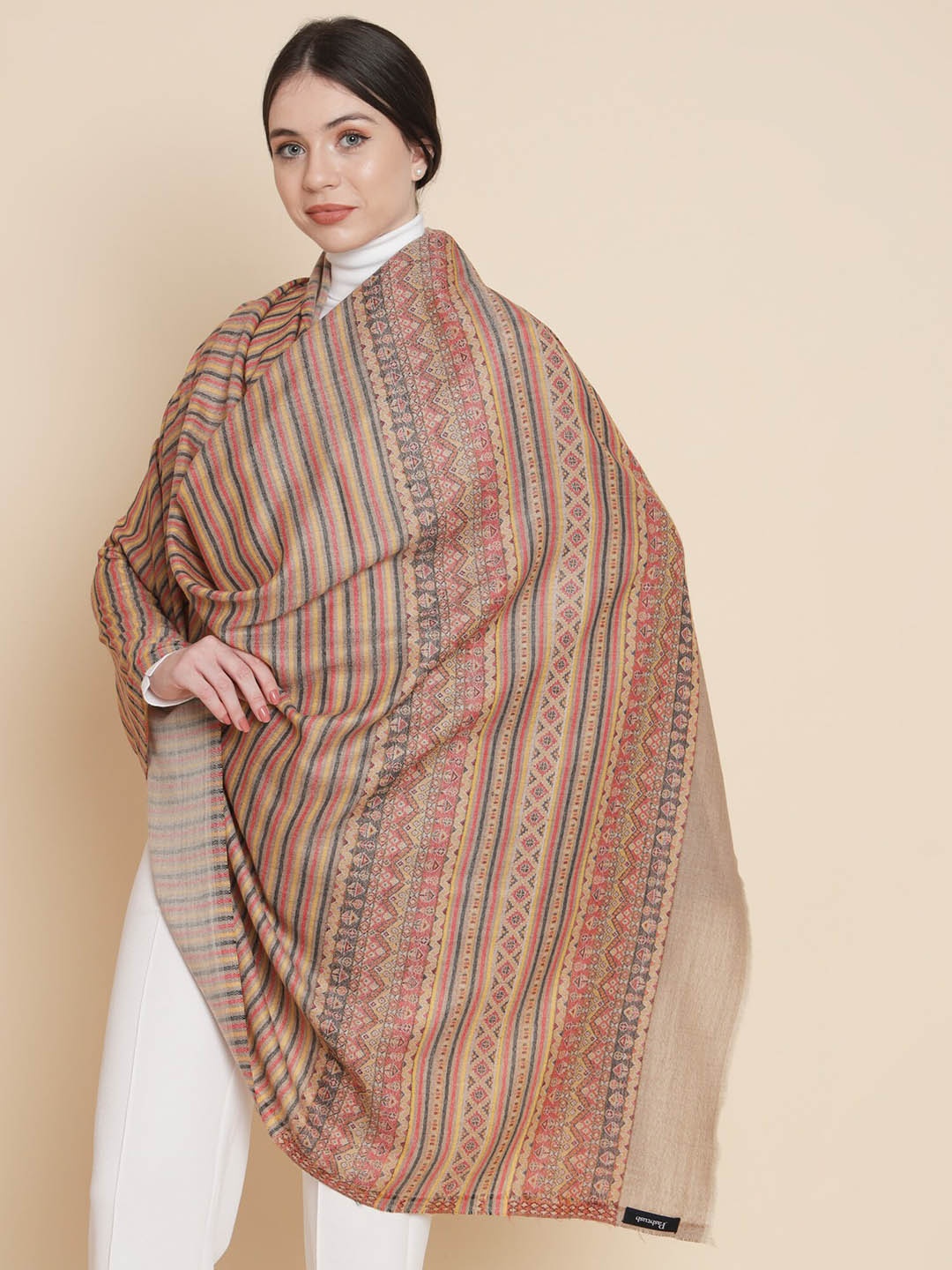 

Pashtush Women Striped Woven Design Shawl, Brown