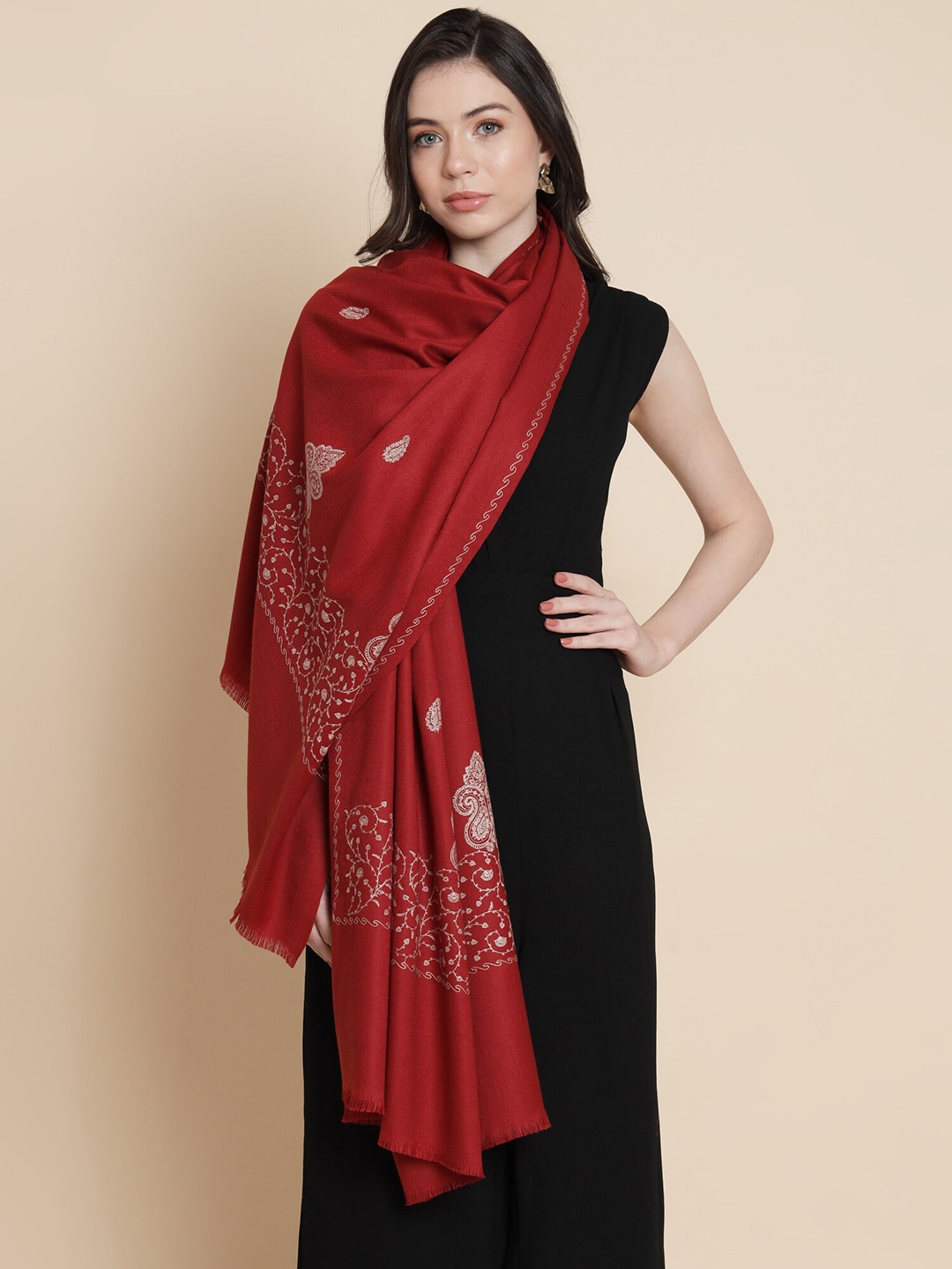 

Pashtush Ethnic Motifs Woven Design Shawl, Maroon