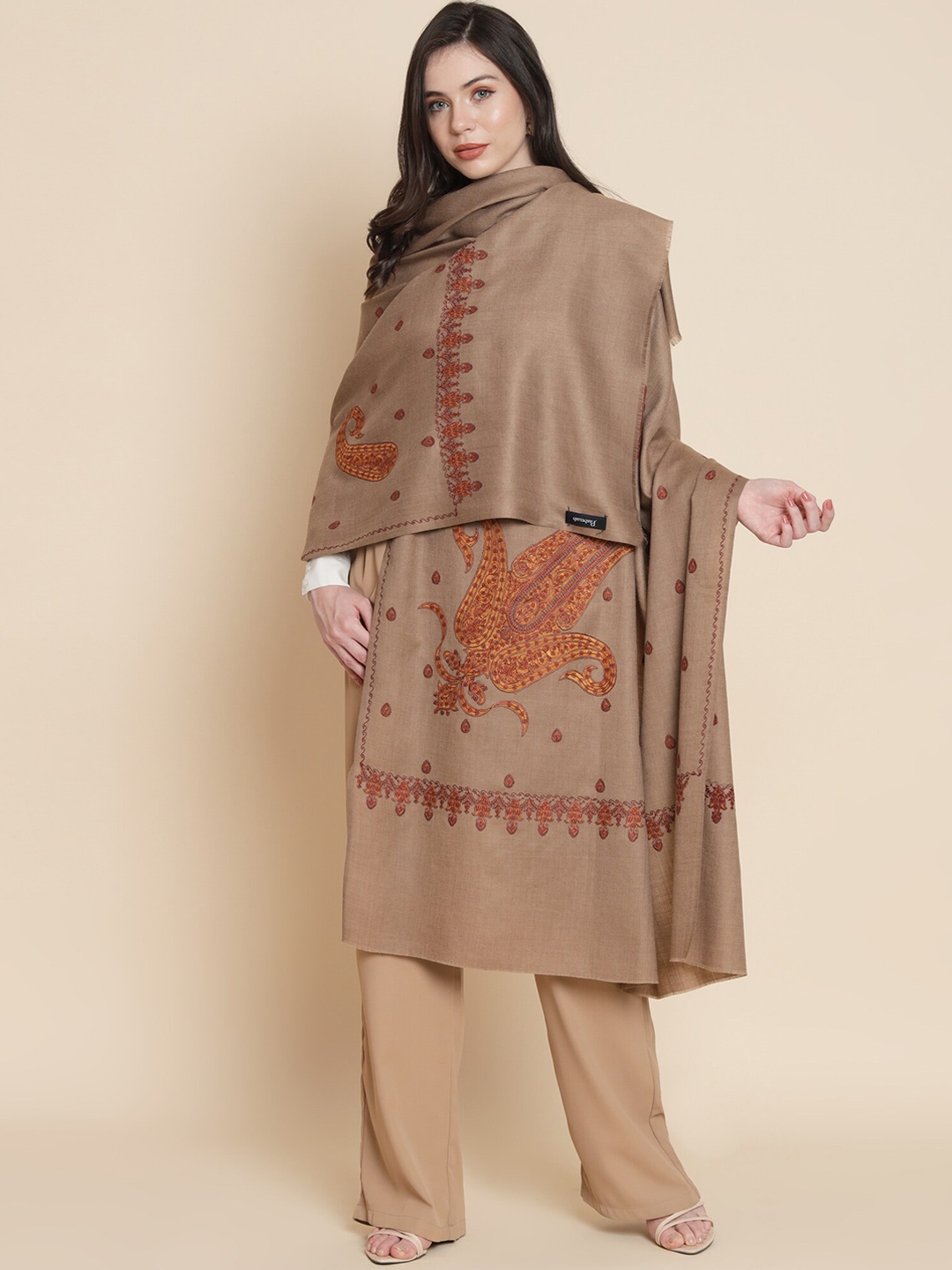 

Pashtush Paisley Embroidered Wool Shawl, Brown