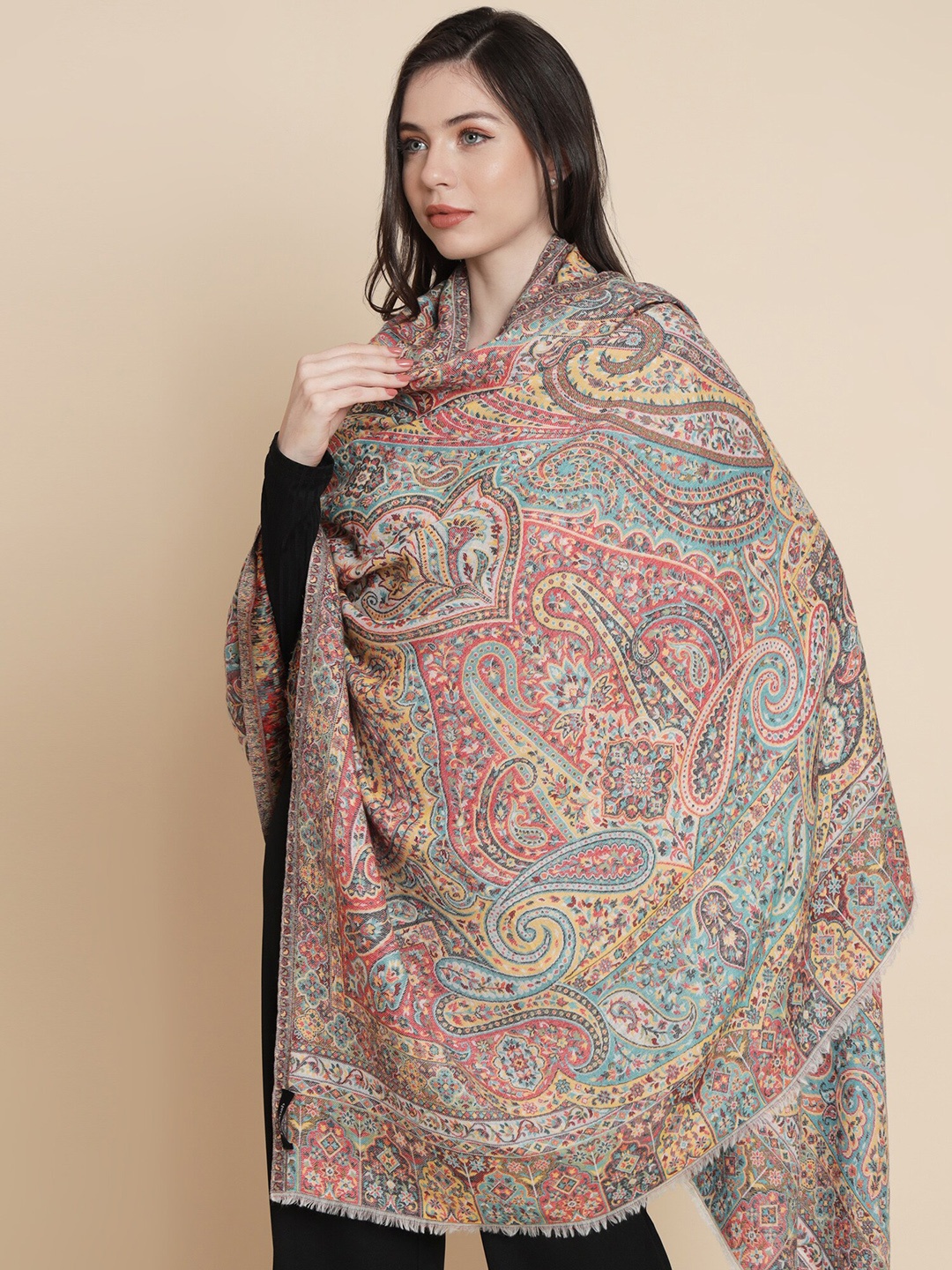 

Pashtush Paisley Woven Design Woolen Shawl, Cream