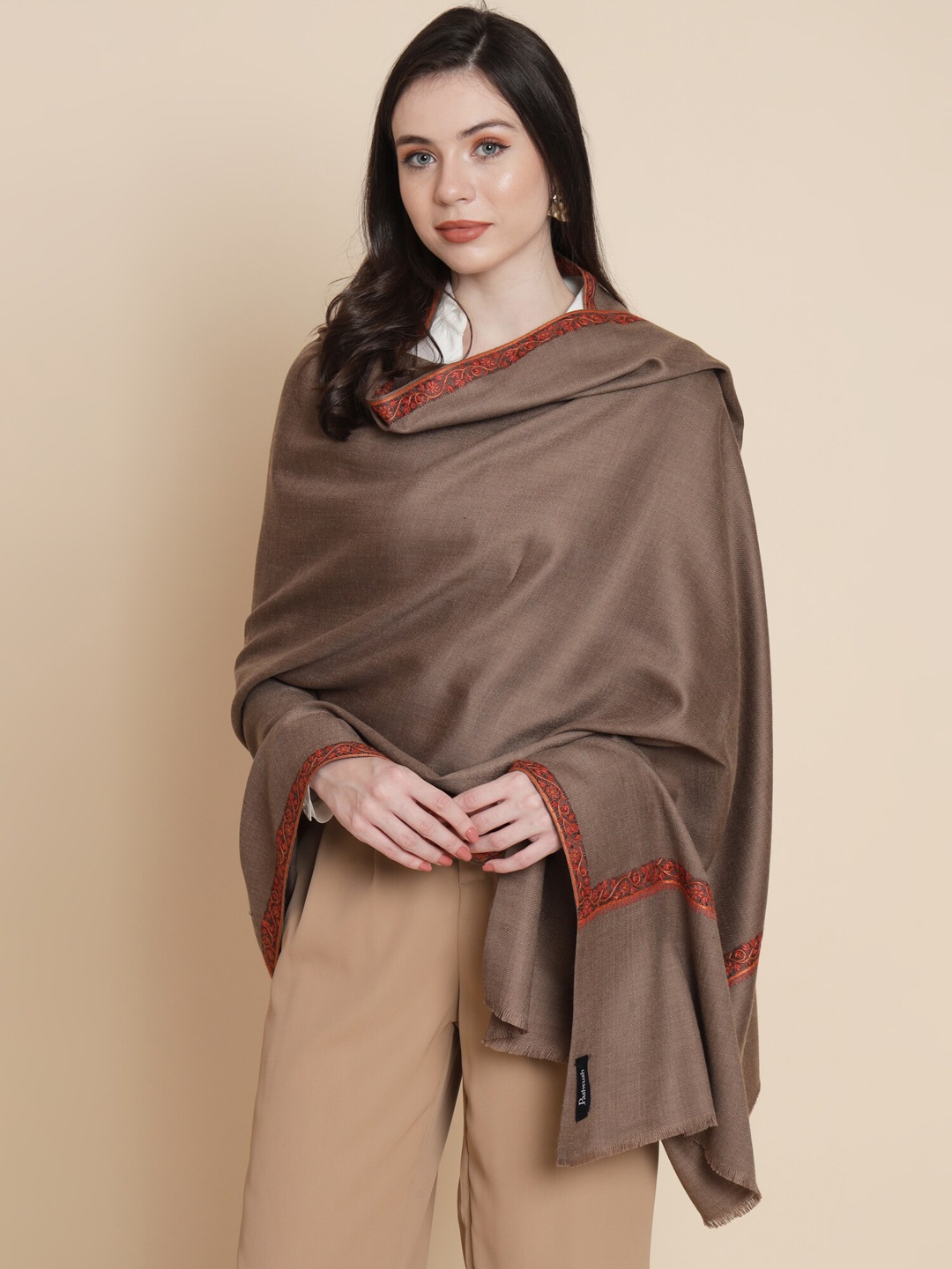 

Pashtush Embroidered Woolen Shawl, Brown