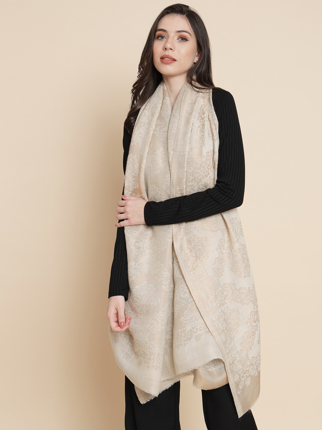 

Pashtush Floral Woven Design Shawl, Cream