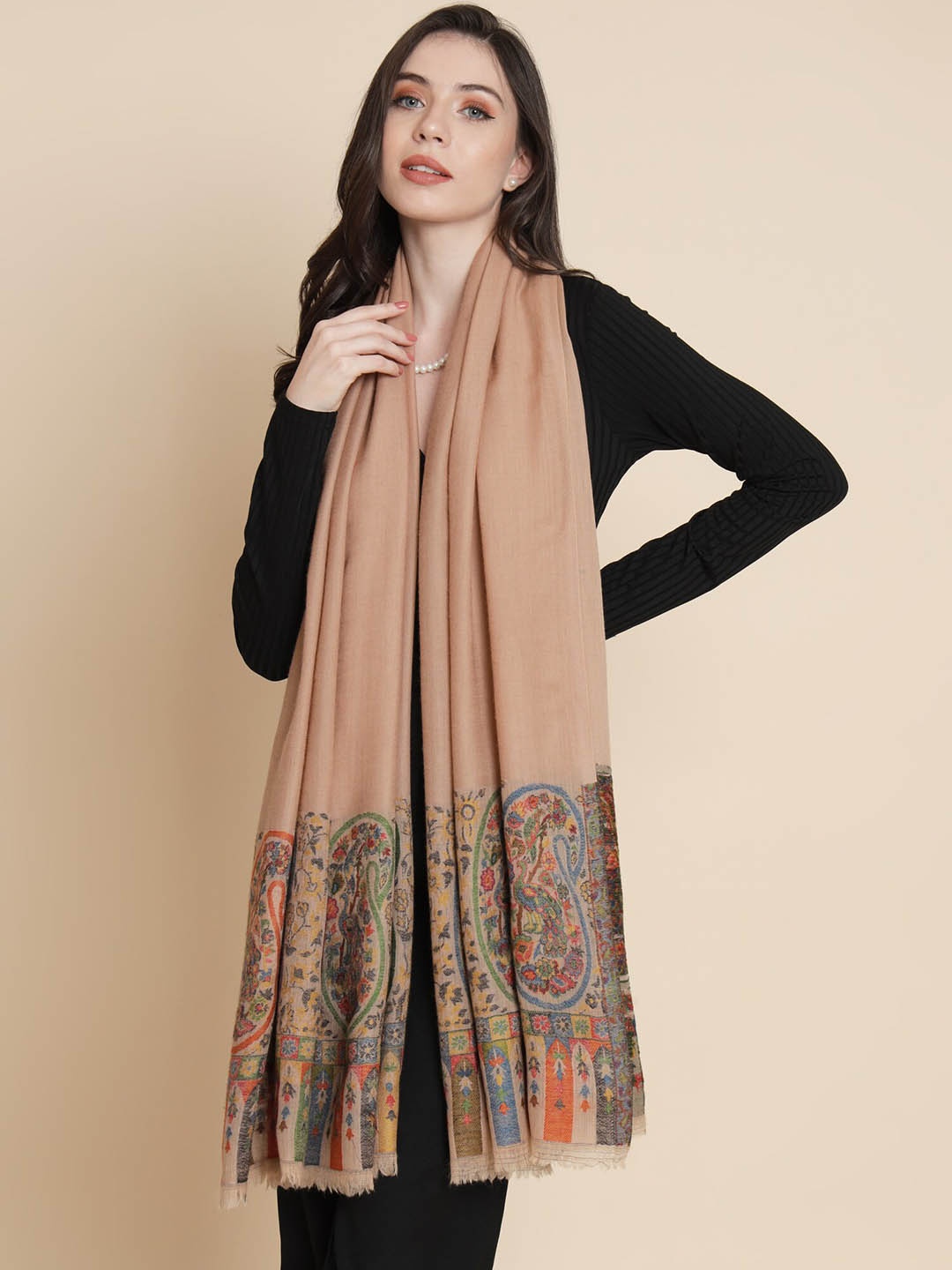 

Pashtush Paisley Printed Woolen Shawl, Beige
