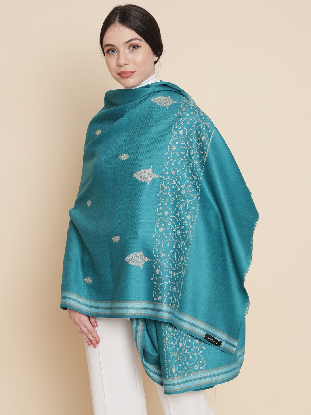 

Pashtush Ethnic Motifs Embroidered Shawl, Sea green