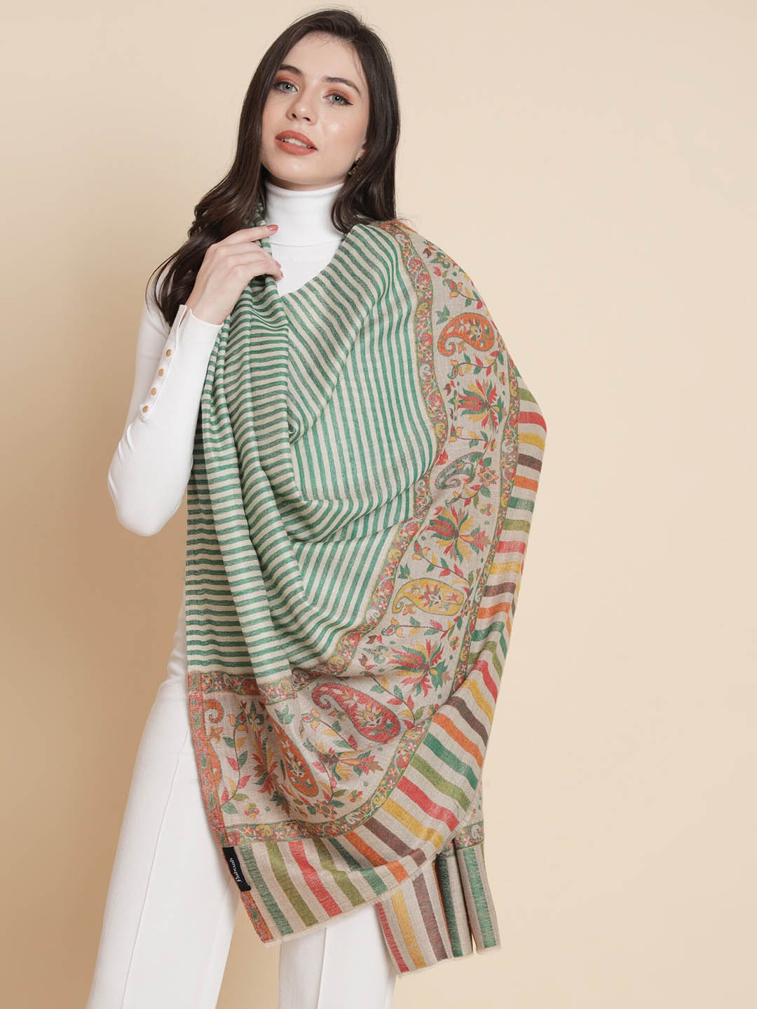 

Pashtush Striped Woven Design Shawl, Green