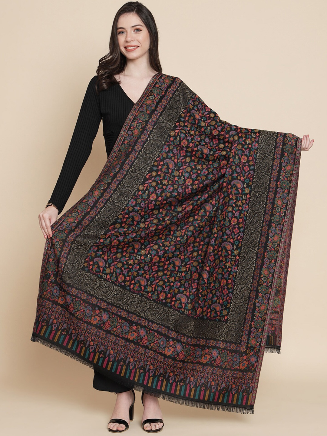 

Pashtush Paisley Woven Design Zari Acrylic Shawl, Black