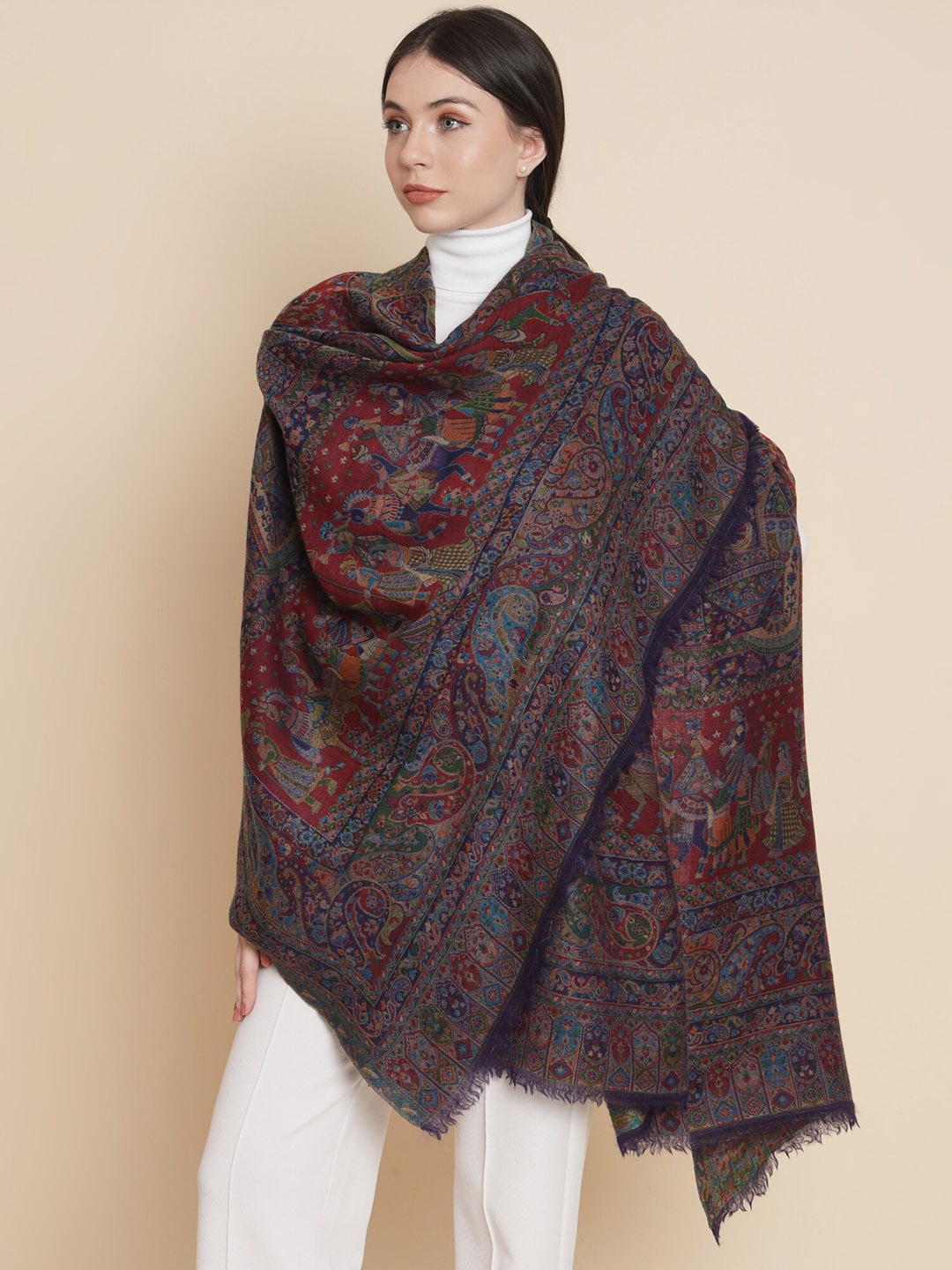 

Pashtush Ethnic Motifs Woven Designed Pure Woolen Shawl, Blue
