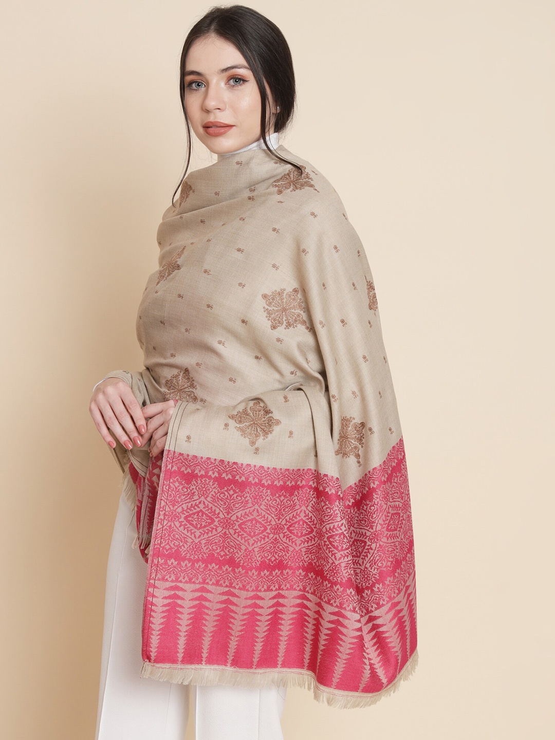 

Pashtush Ethnic Motifs Embroidered Shawl, Beige