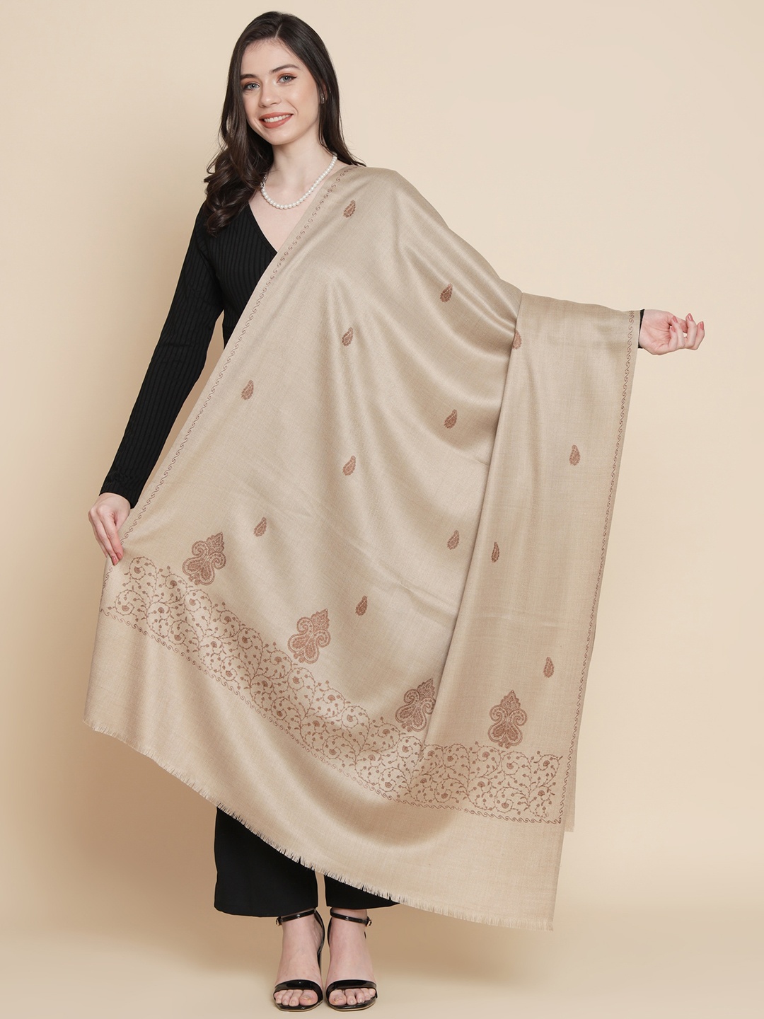 

Pashtush Ethnic Motifs Embroidered Woolen Shawl, Beige