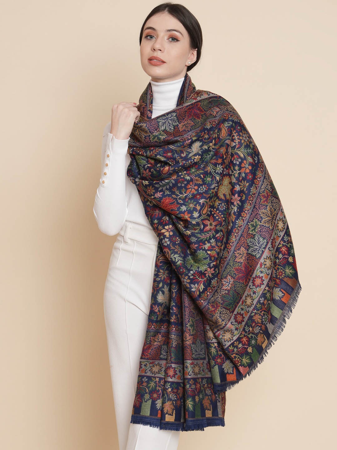 

Pashtush Floral Woven Design Shawl, Blue