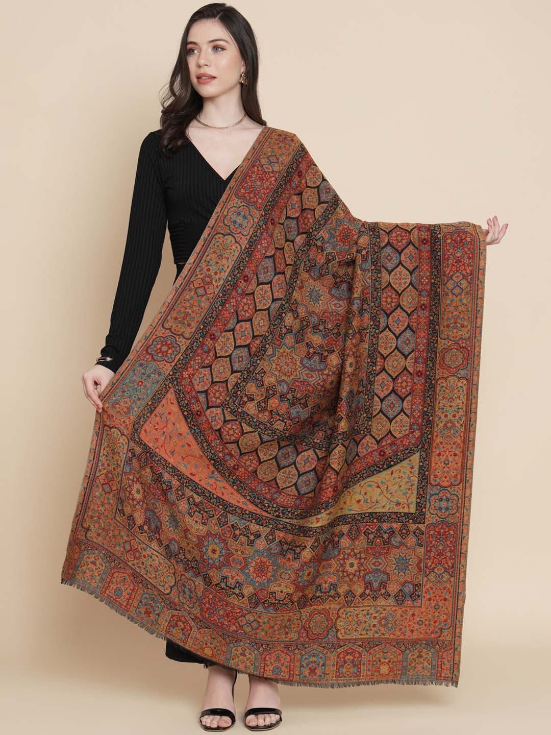 

Pashtush Women Ethnic Motifs Woven Design Woolen Shawl, Brown