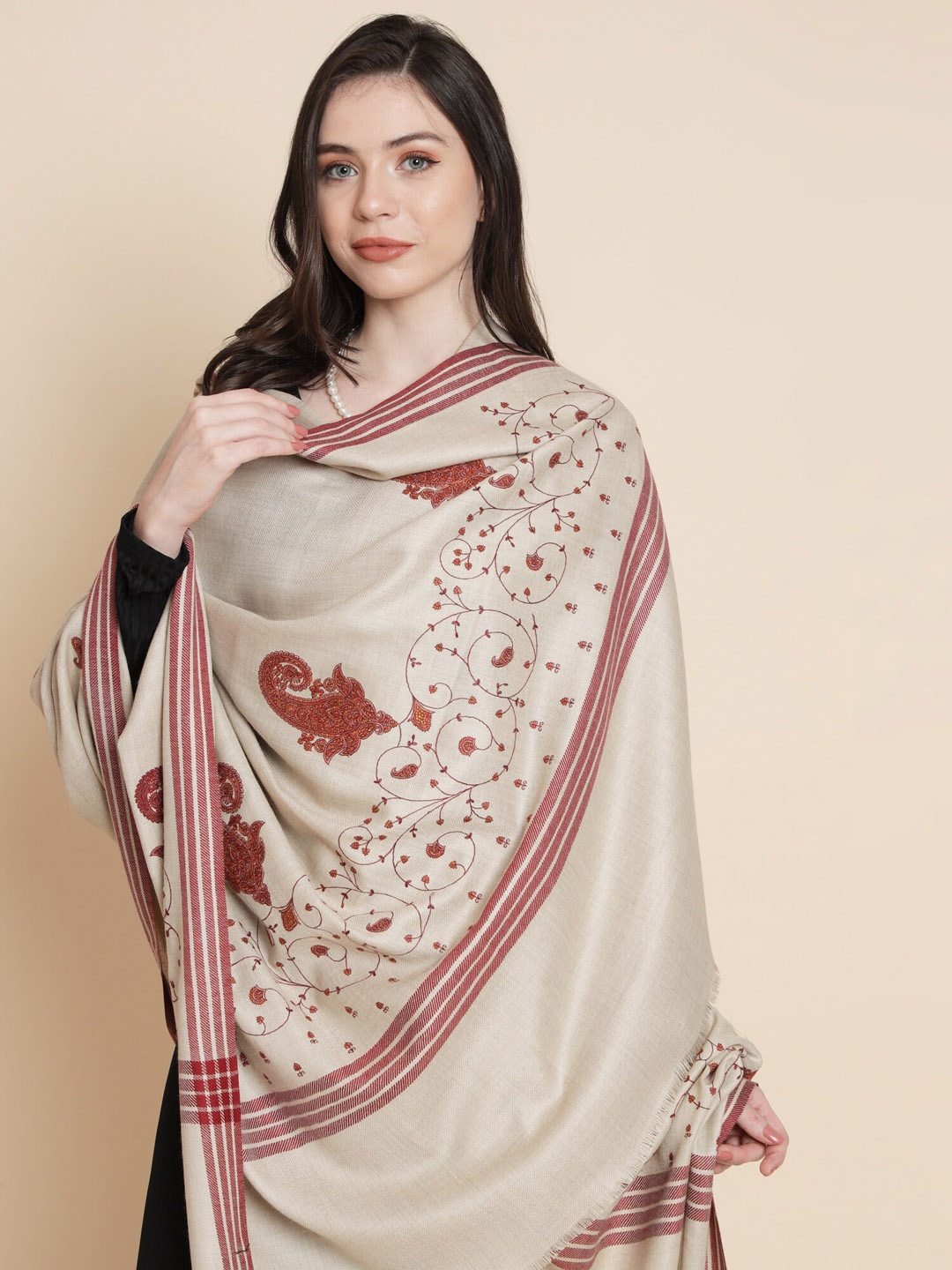 

Pashtush Women Ethnic Motifs Embroidered Shawl, Taupe