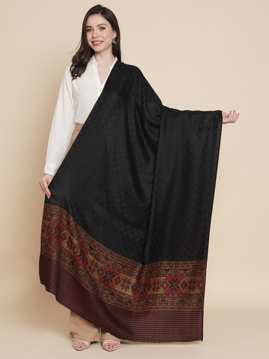 

Pashtush Women Ethnic Motif Woven Design Shawl, Black