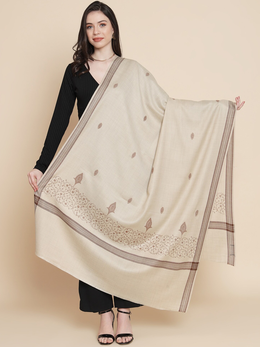 

Pashtush Women Ethnic Motifs Embroidered Woolen Shawl, Beige