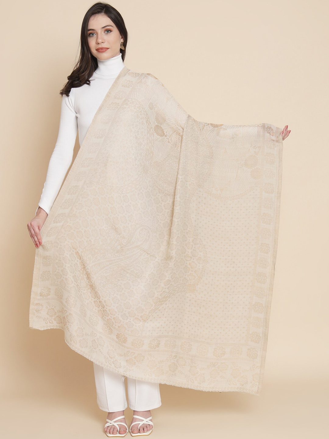 

Pashtush Women Ethnic Motifs Woven Design Shawl, Cream