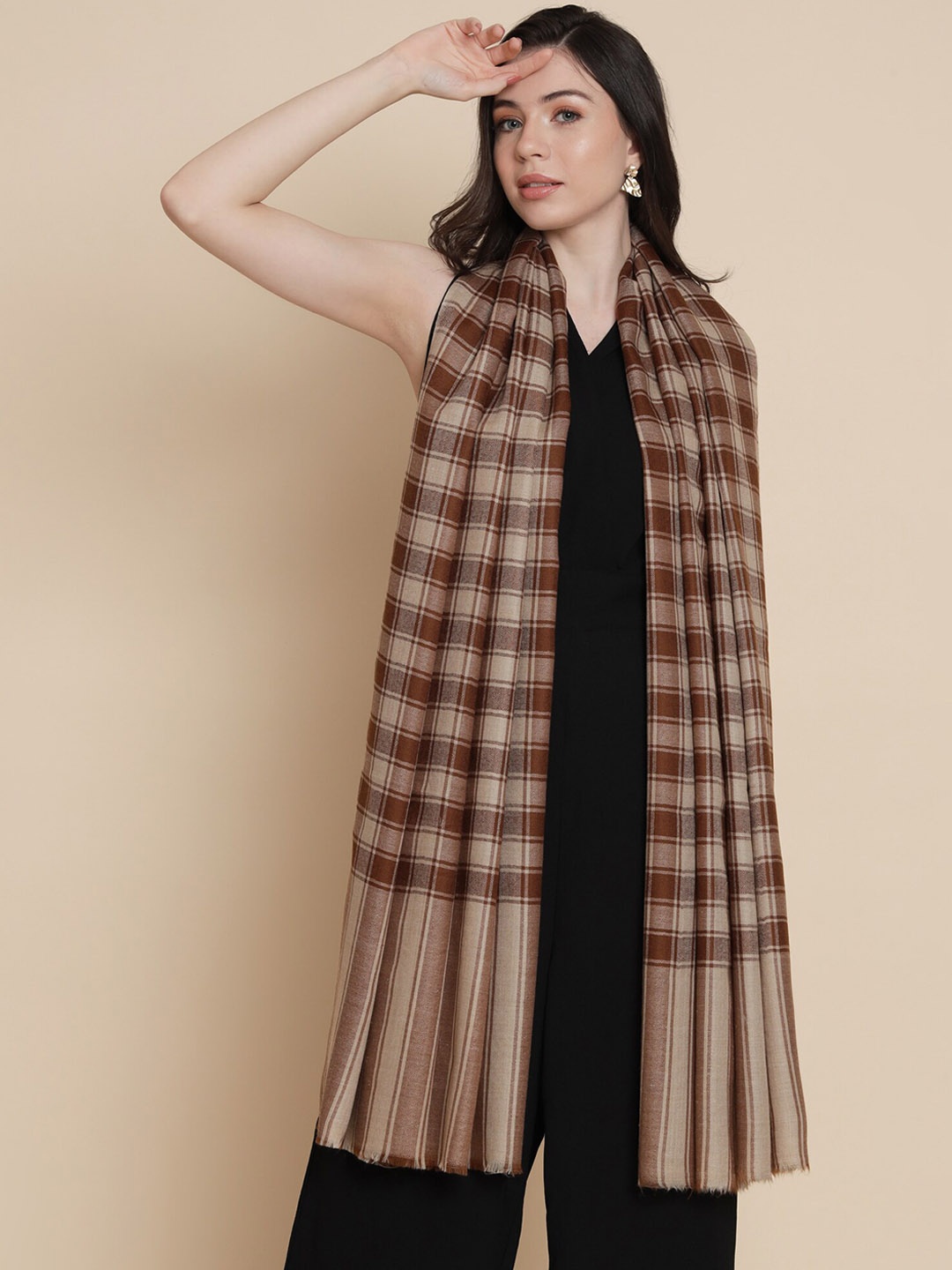 

Pashtush Women Checked Woven Design Shawl, Coffee brown