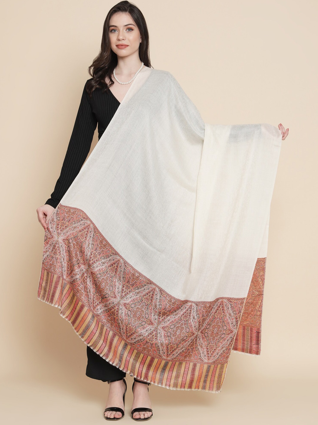 

Pashtush Women Ethnic Motifs Woven Design Shawl, Cream