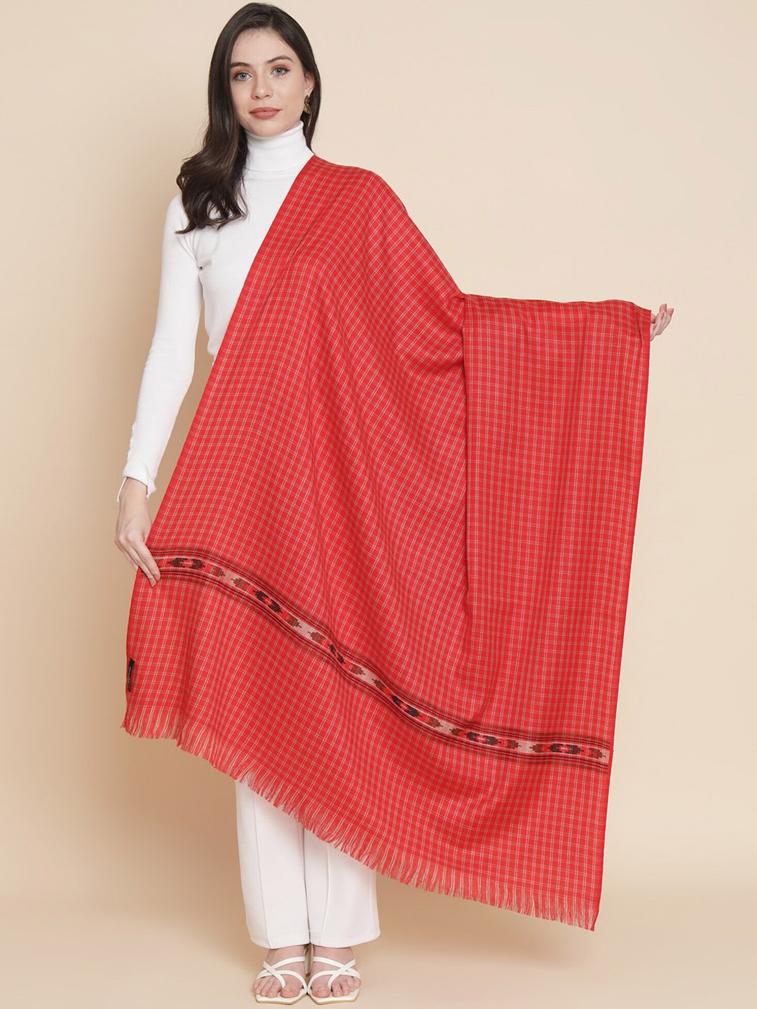 

Pashtush Women Checked Woven Design Shawl, Red