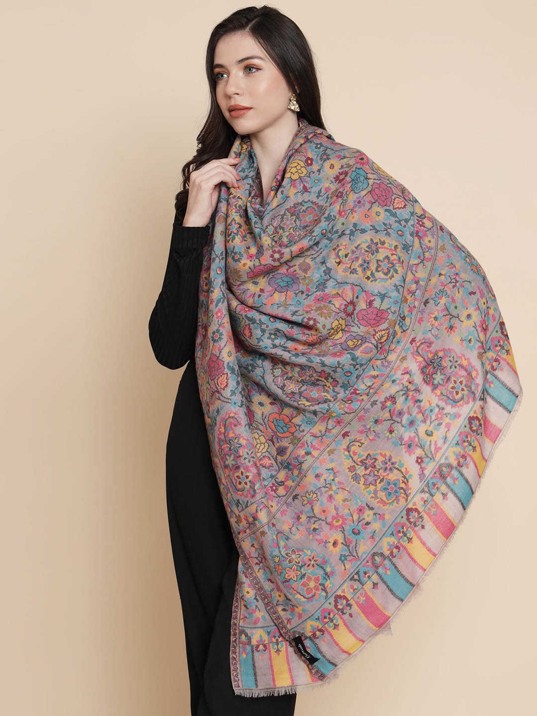 

Pashtush Paisley Woven Design Pure Woolen Shawl, Pink