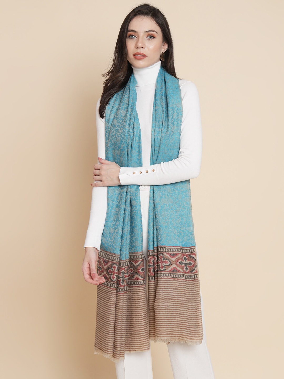 

Pashtush Geometric Woven-Design Fringed Border Wool Shawl, Blue